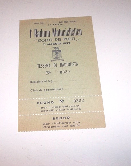Motociclismo Tessera Radunista - 1° Raduno motociclistico Golfo Poeti 1952