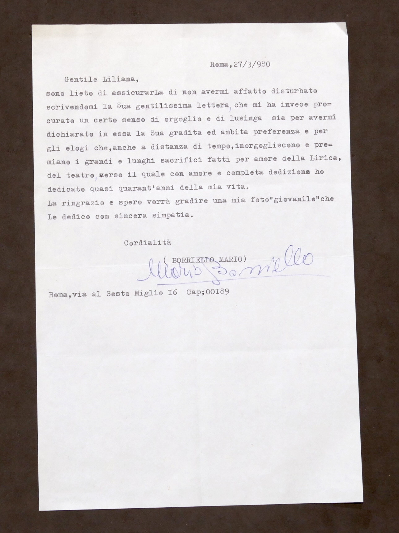 Musica Lirica - Lettera con autografo del baritono Mario Borriello …