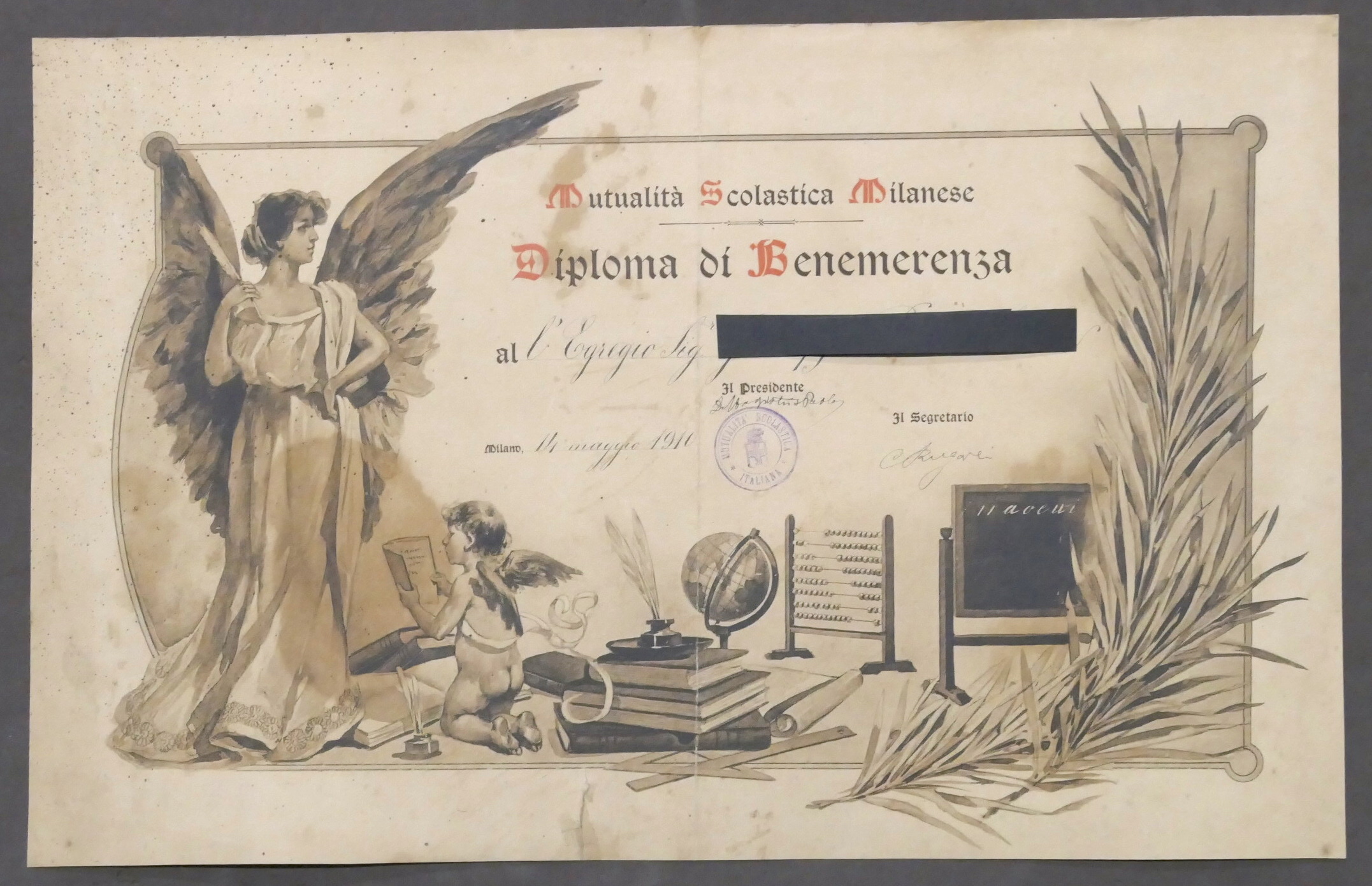 Mutualità Scolastica Milanese - Diploma di Benemerenza - 1910