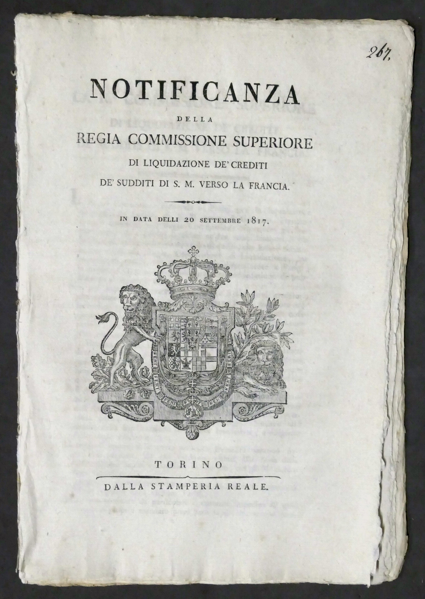 Notificanza Commissione Liquidazione crediti sudditi S.M. verso la Francia 1817