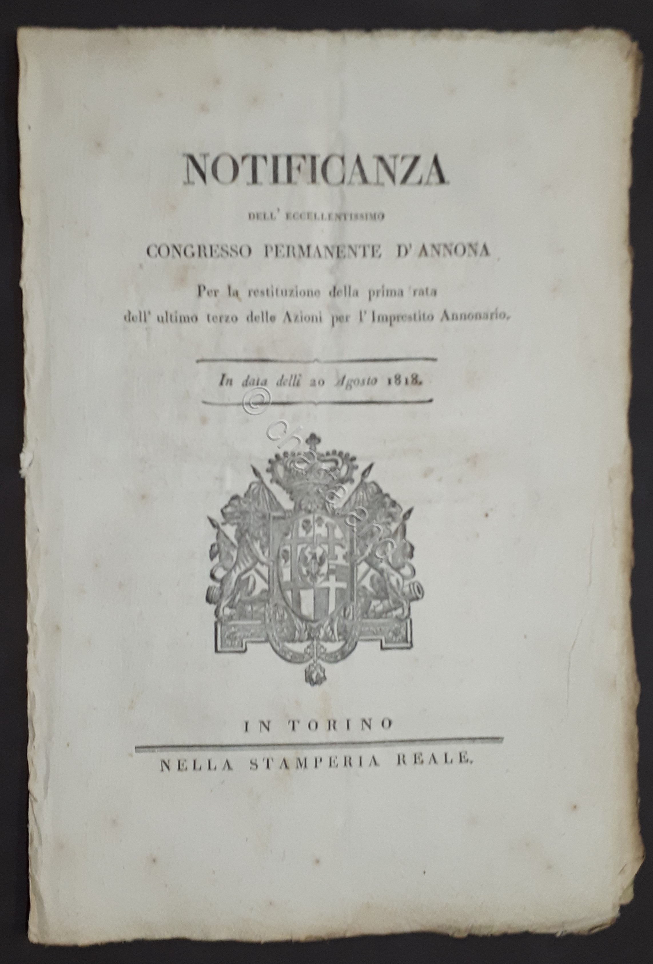 Notificanza Congresso d'Annona - Restituzione prima rata Azioni Imprestito 1818