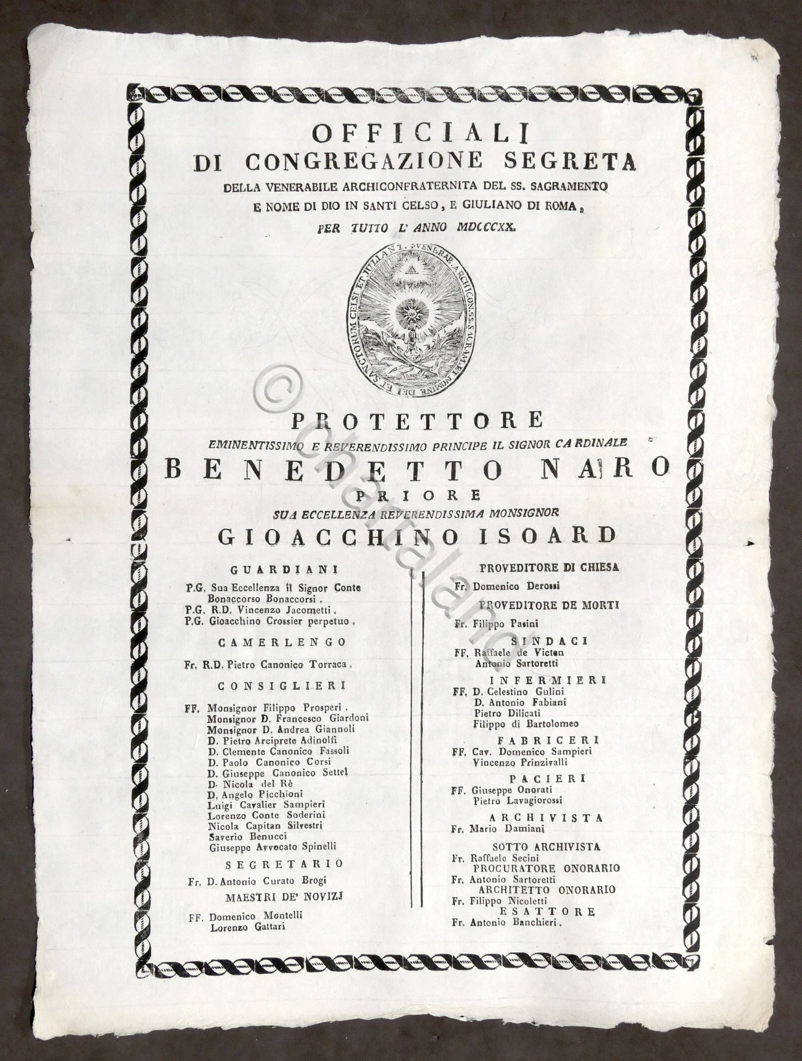 Officiali di Segreta della Archiconfraternita del SS.mo Sagramento - Anno …