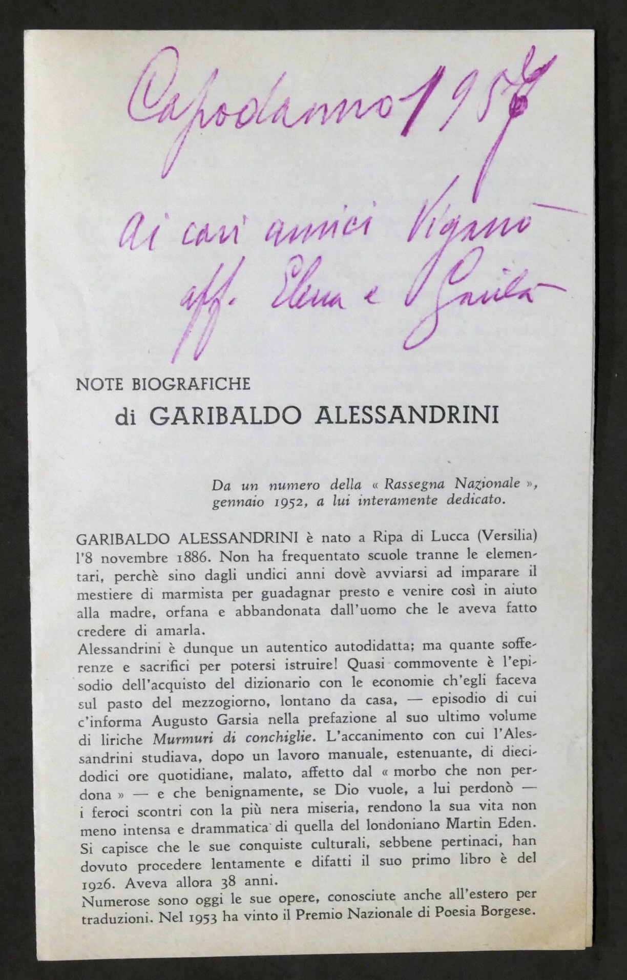 Opuscolo con autografo del poeta Garibaldo Alessandrini - 1957