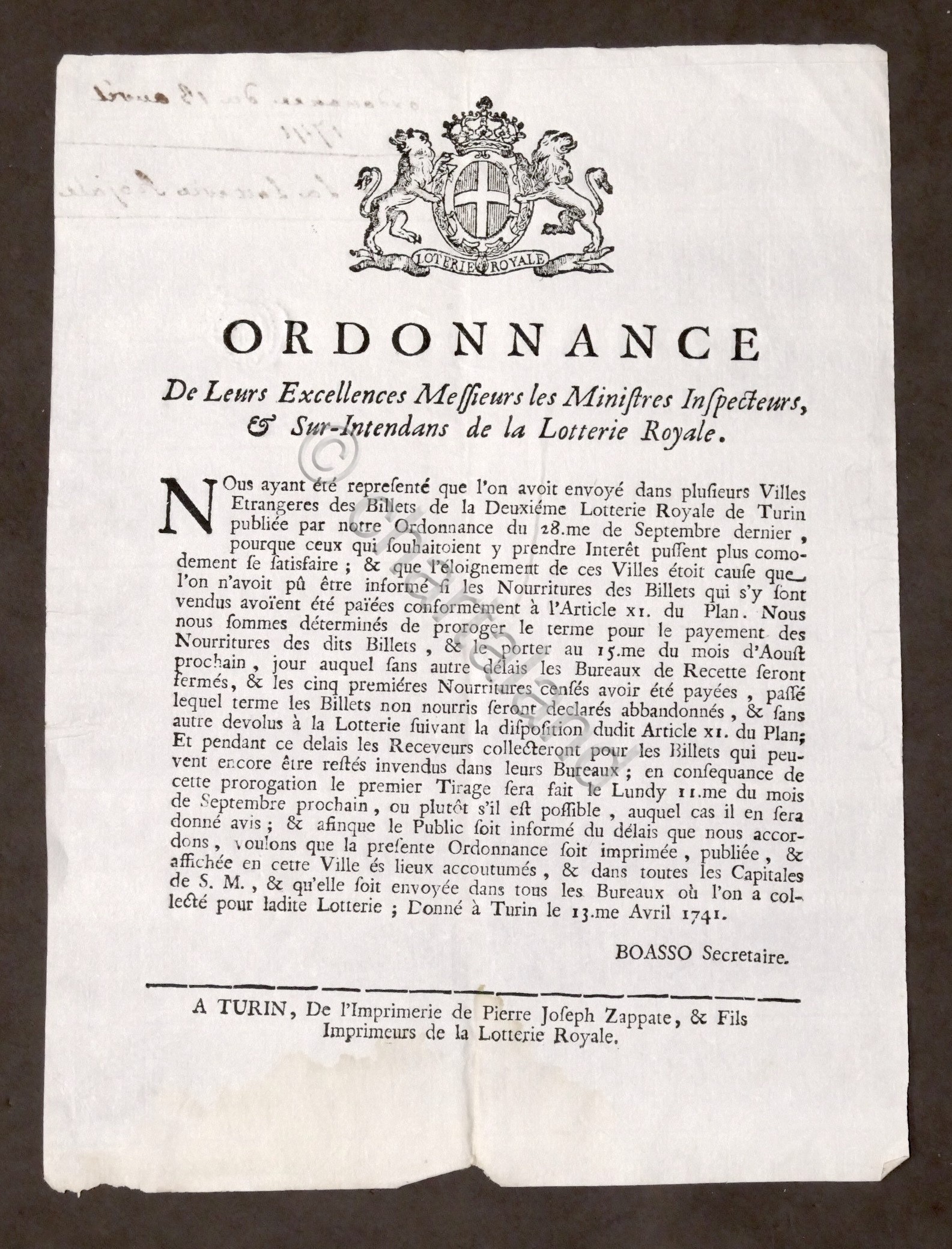 Ordonnance Ministres Inspecteurs Sur-Intendans de la Lotterie Royale Torino 1741