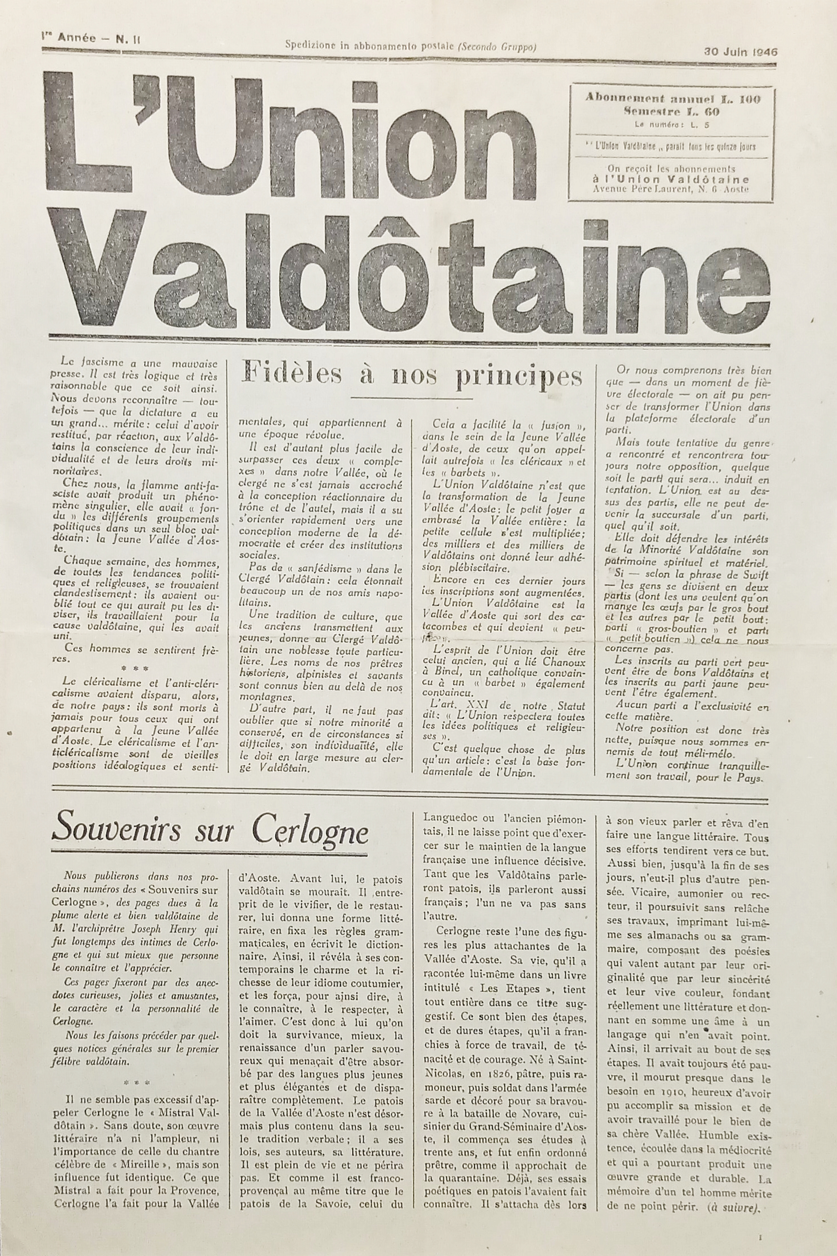 Organe de L'Union Valdôtaine N. 11 - Année I - …