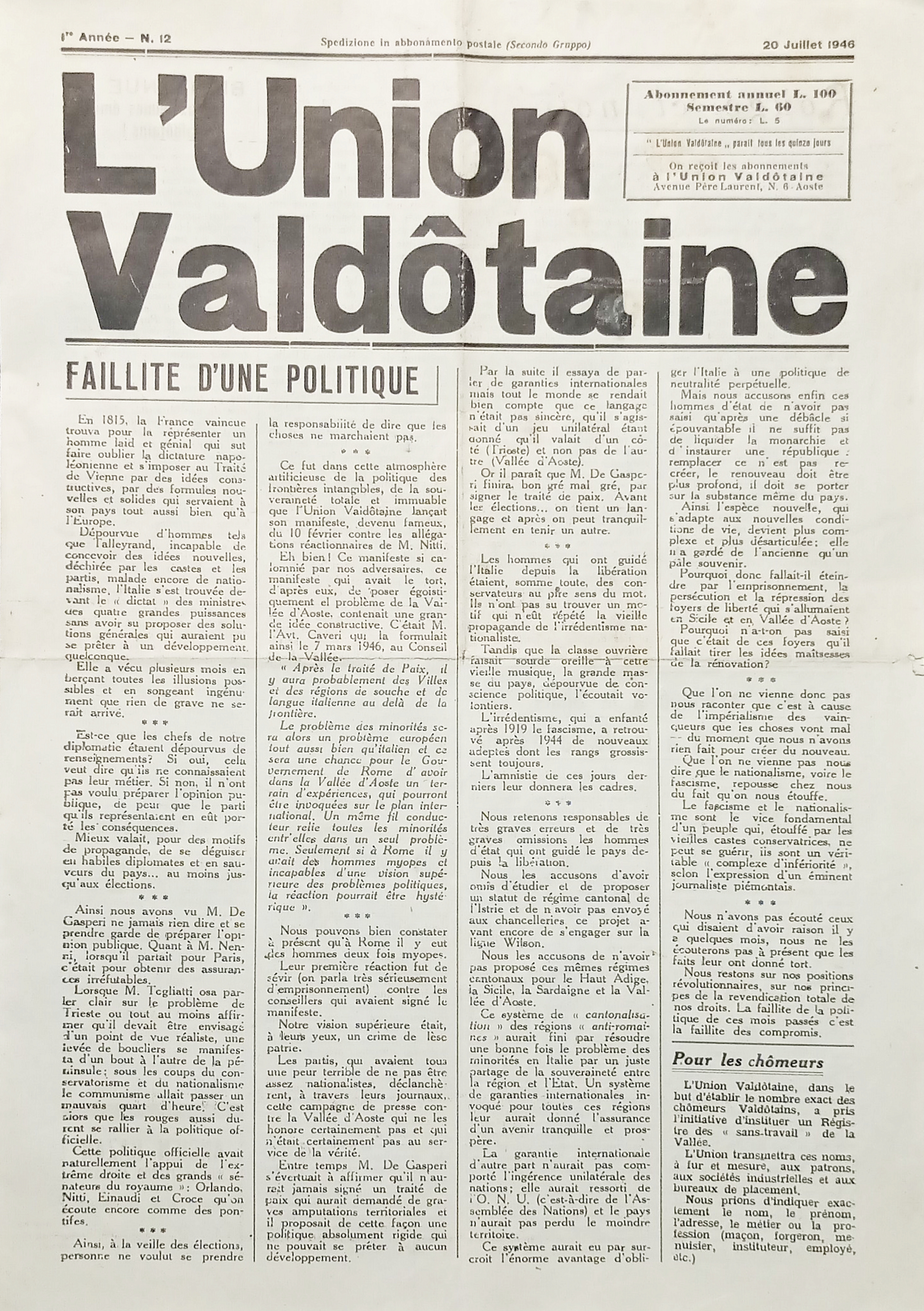 Organe de L'Union Valdôtaine N. 12 - Année I - …