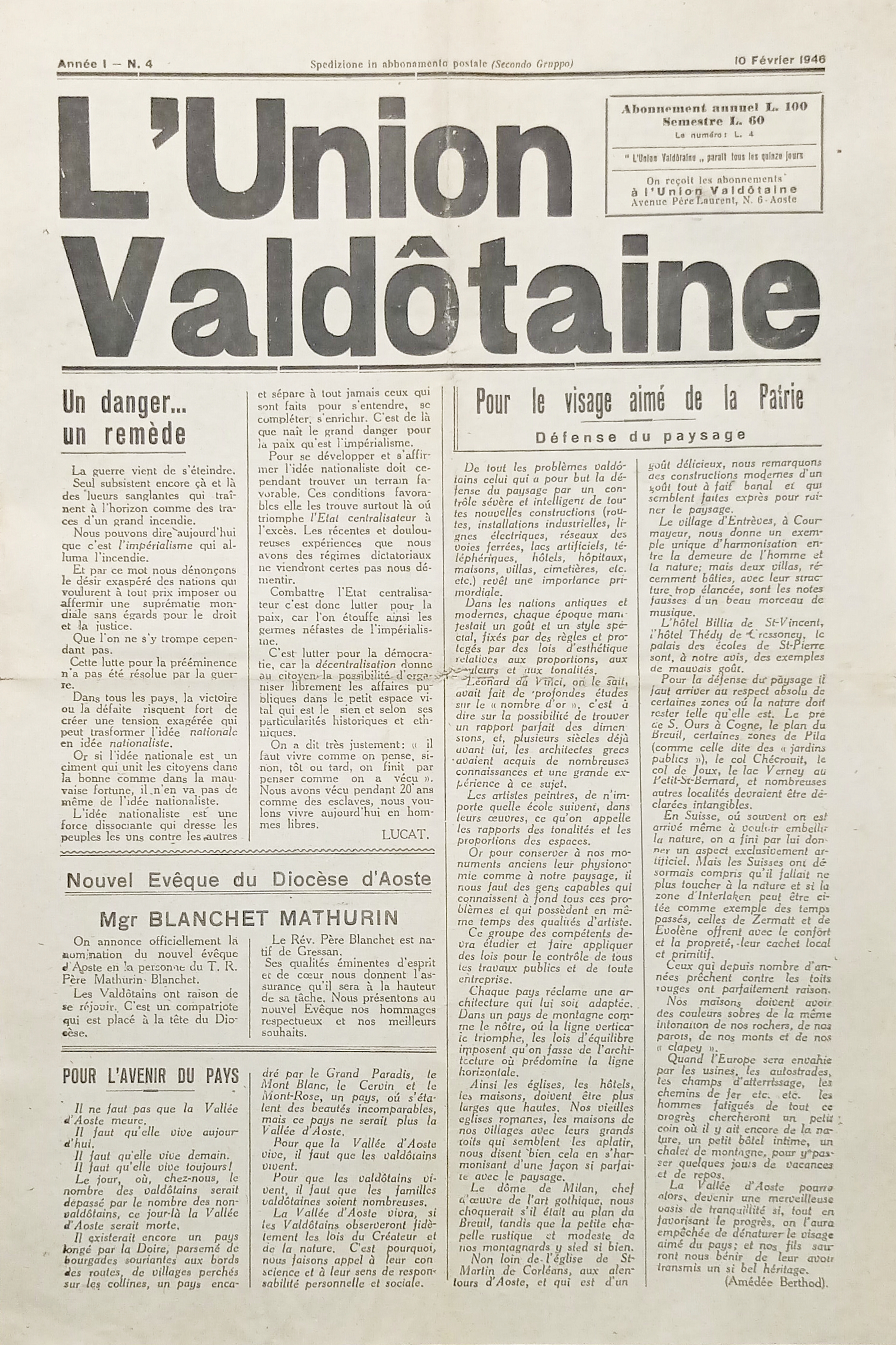 Organe de L'Union Valdôtaine N. 4 Année I Pour le …