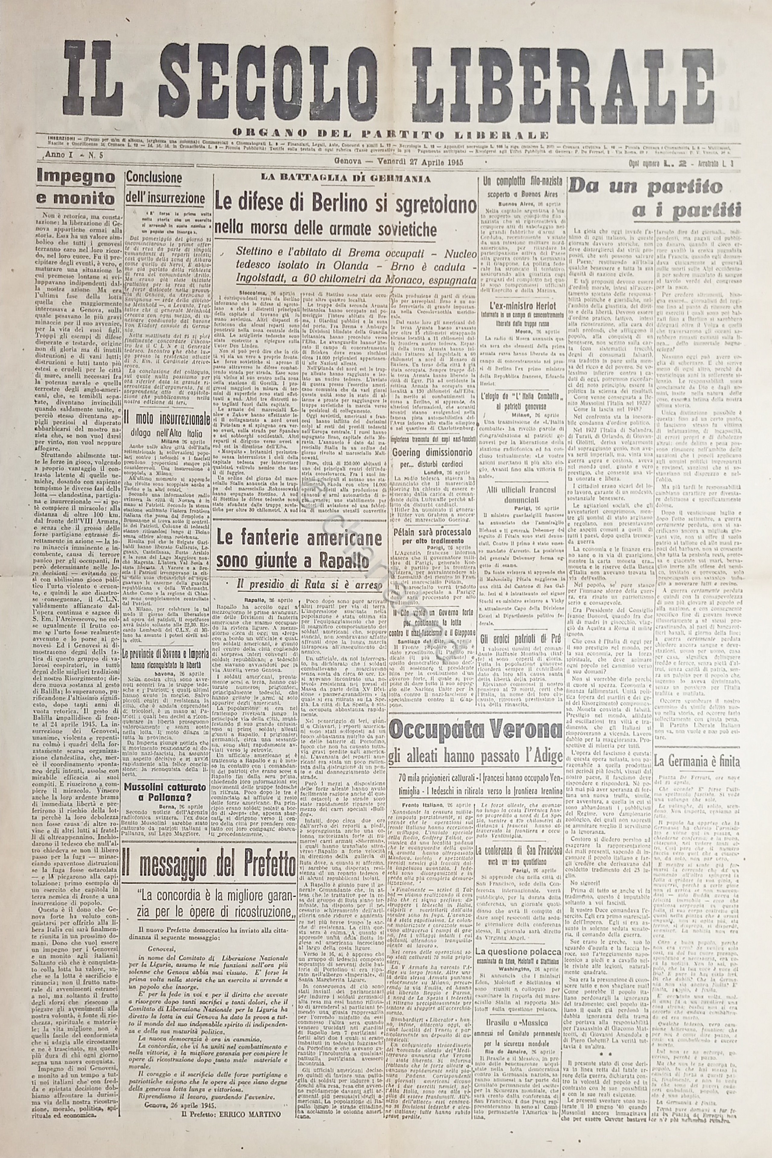 Organo del Partito Liberale Genova - Il Secolo Liberale N. …