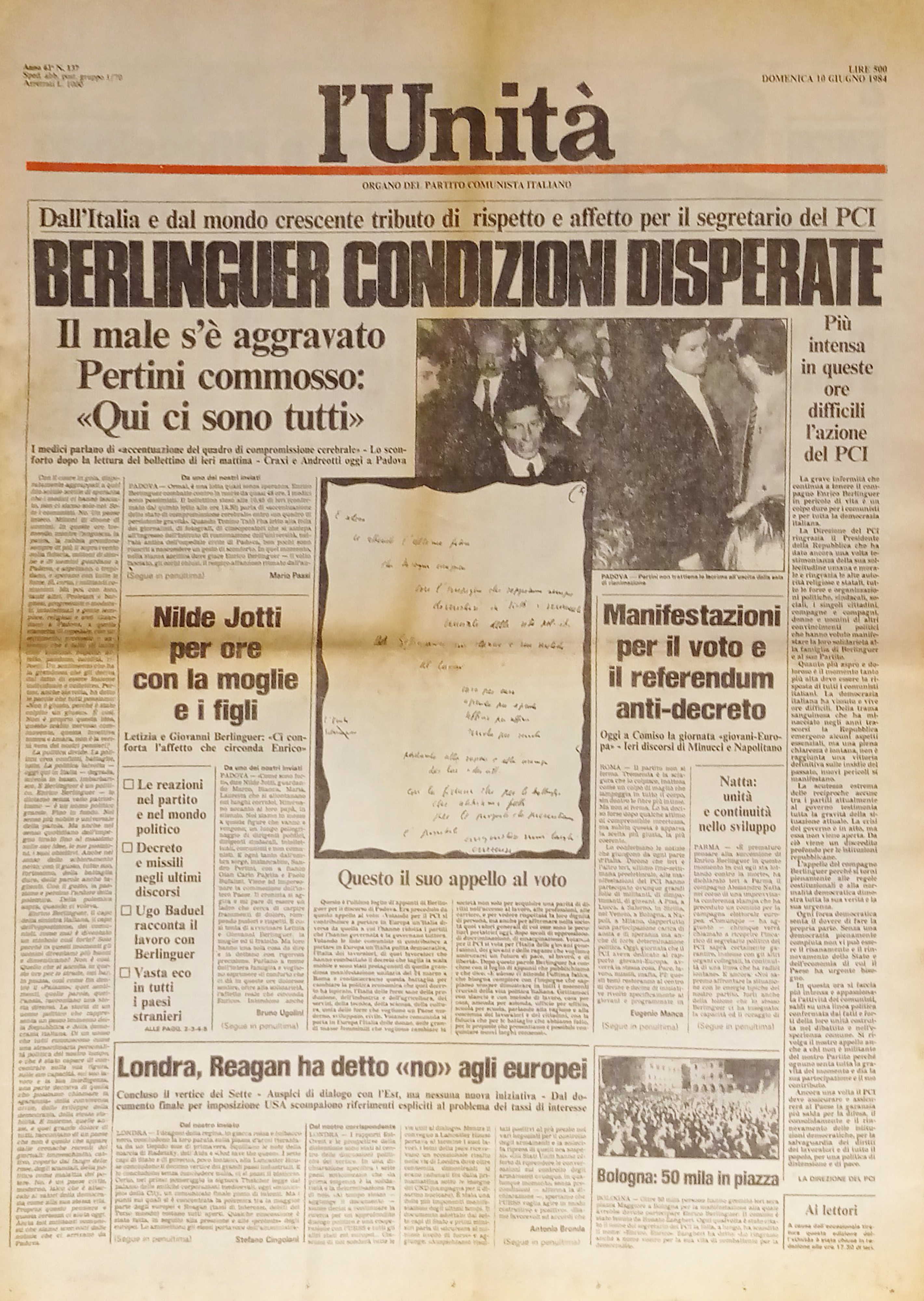 Organo Partito Comunista - L'Unità n. 137 - 1984 Berlinguer …