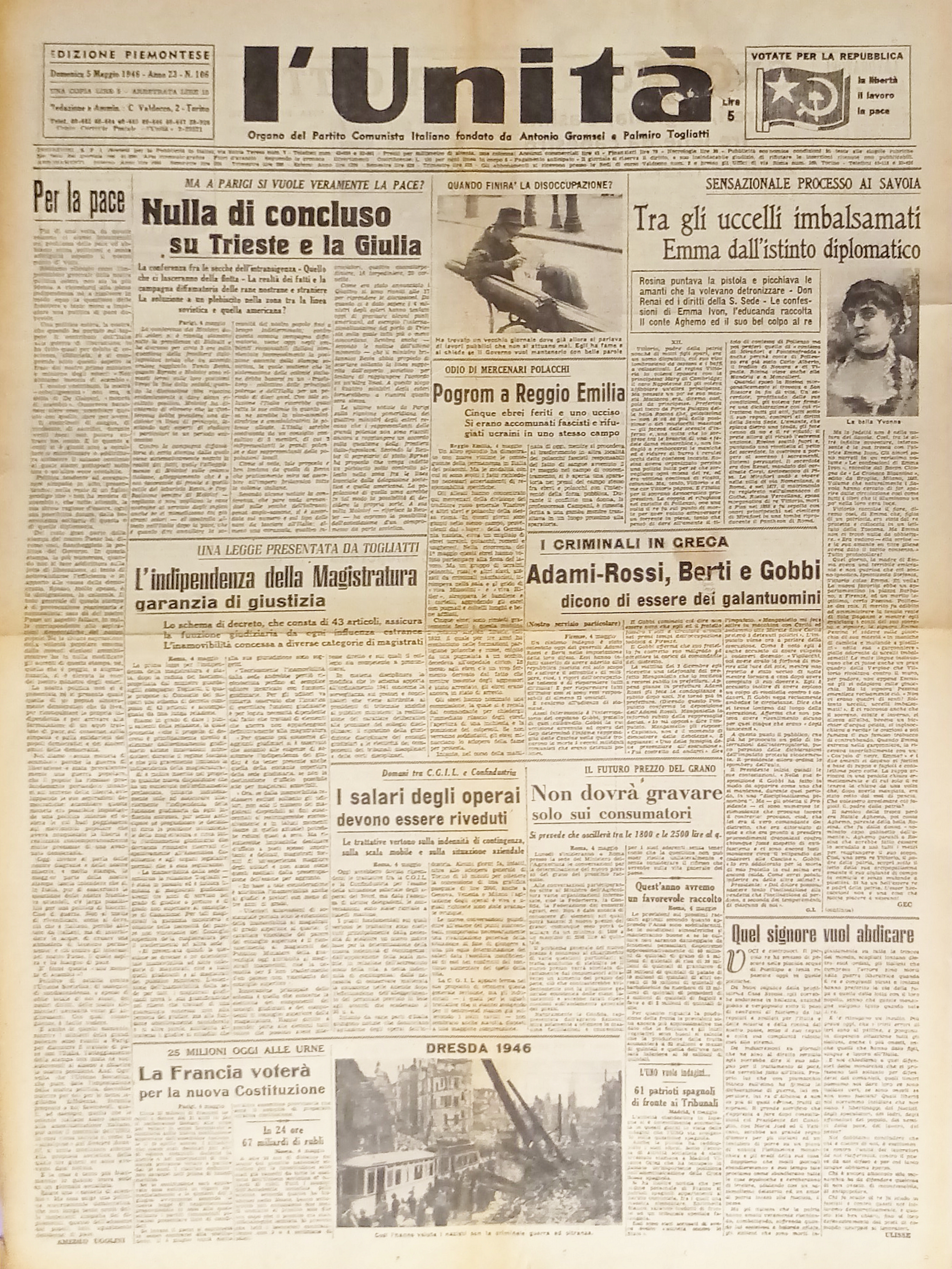 Organo Partito Comunista Italiano - L'Unità n. 106 - 1946 …