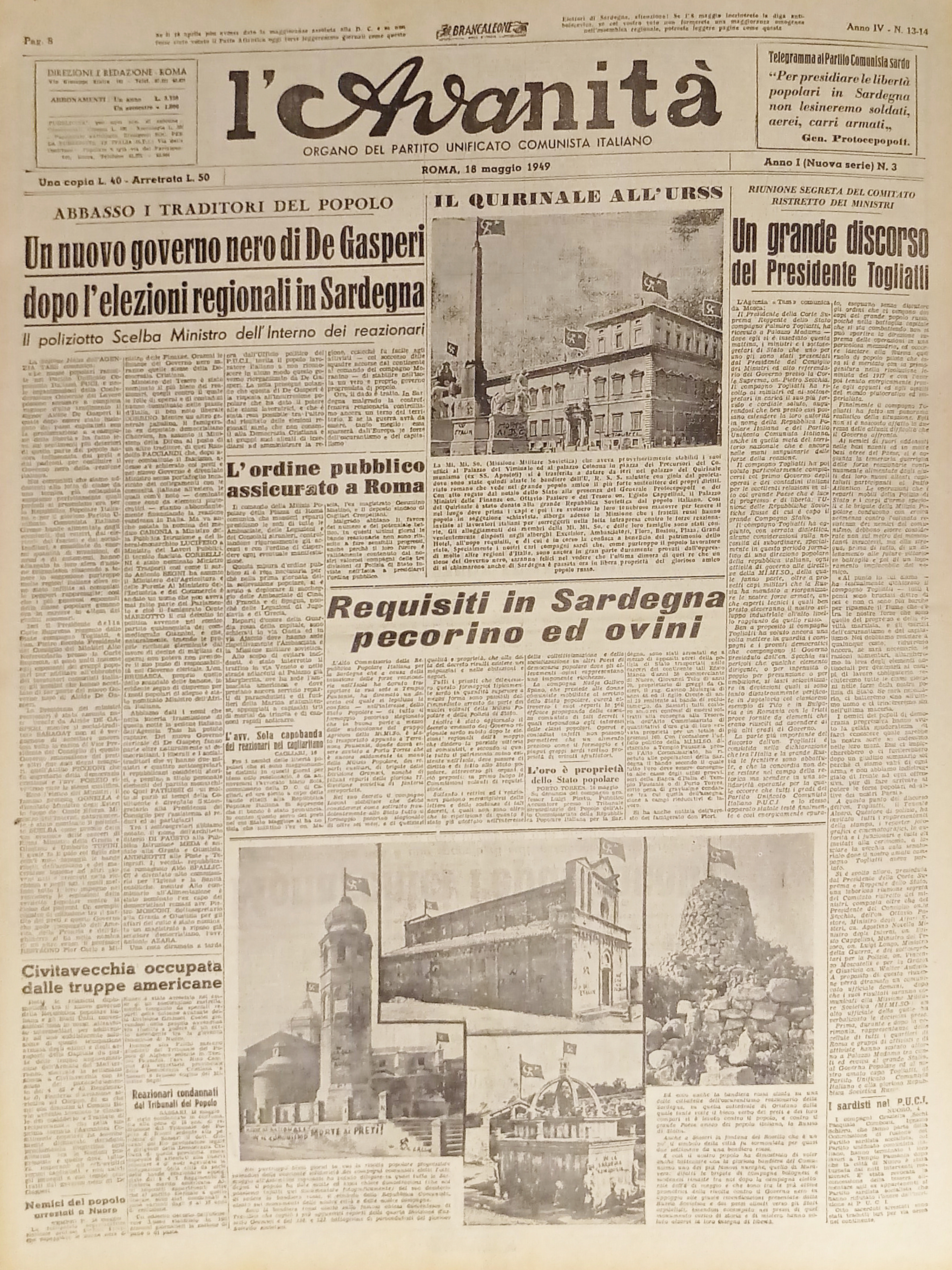 Organo Partito Comunista unificato L'Avanità N. 13-14 - 1949 Governo …