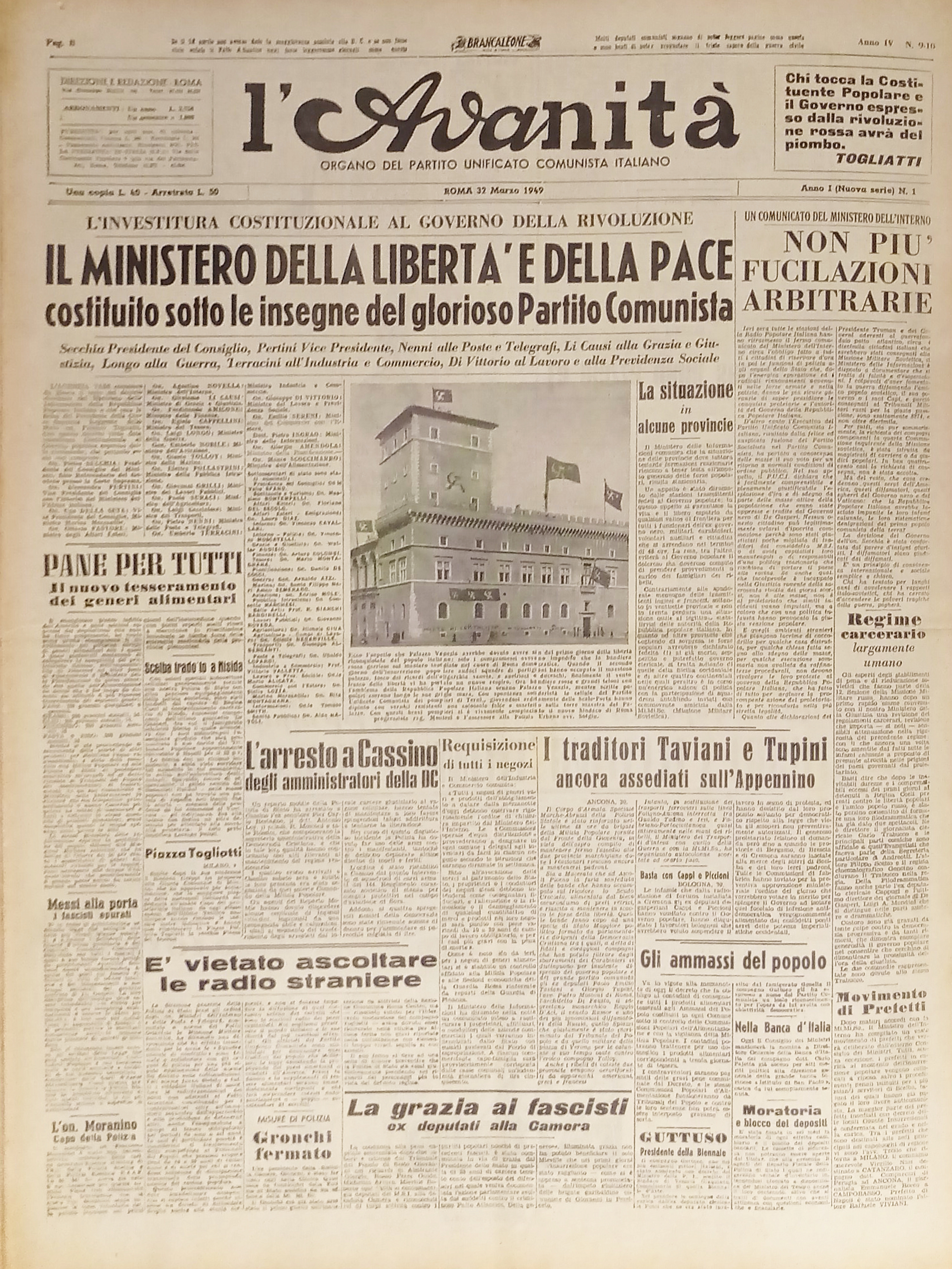 Organo Partito Comunista unificato L'Avanità N. 9-10 - 1949 Ministero …