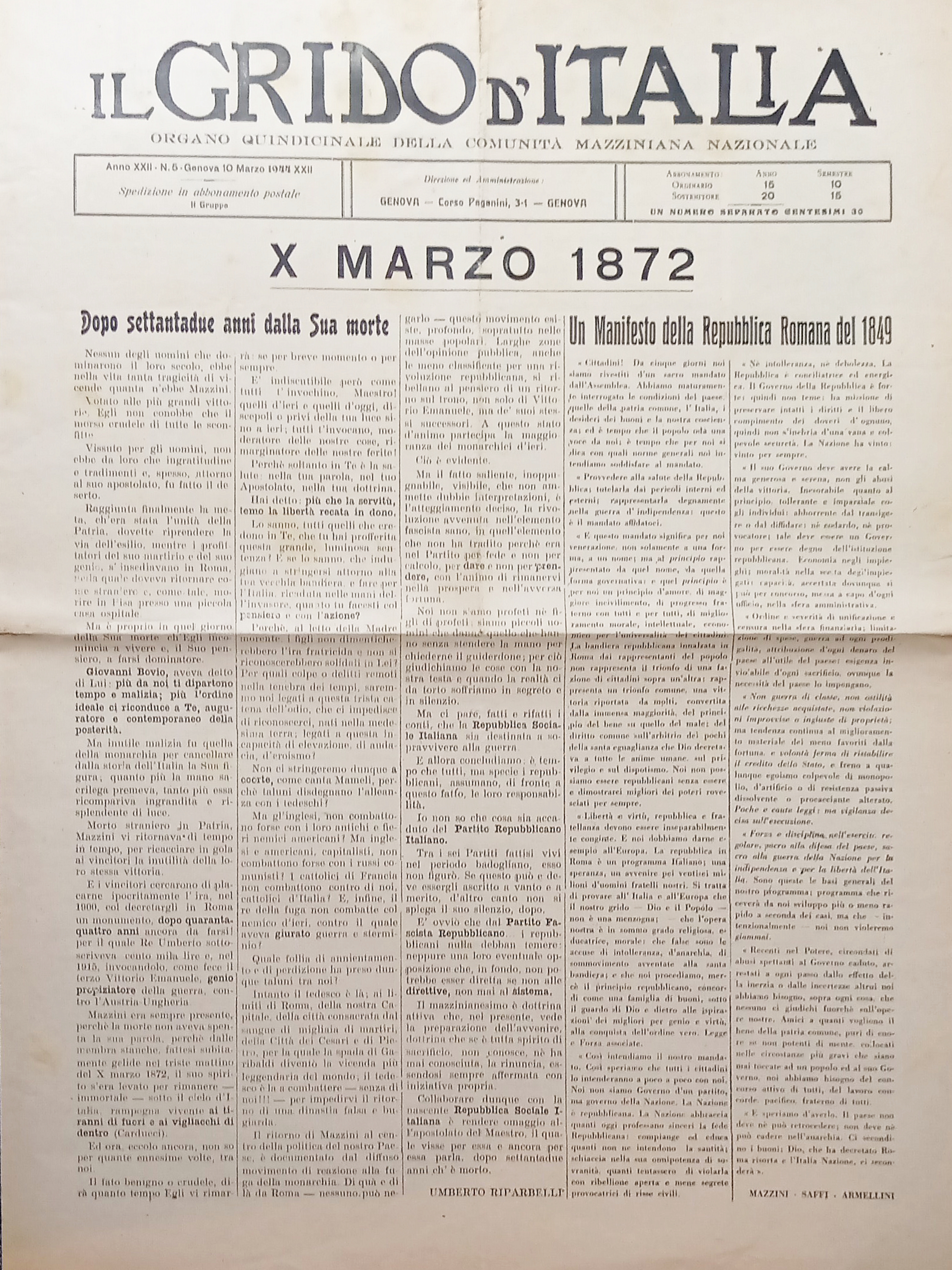 Organo Quindicinale della Comunita Mazziniana - Il Grido d'Italia N. …