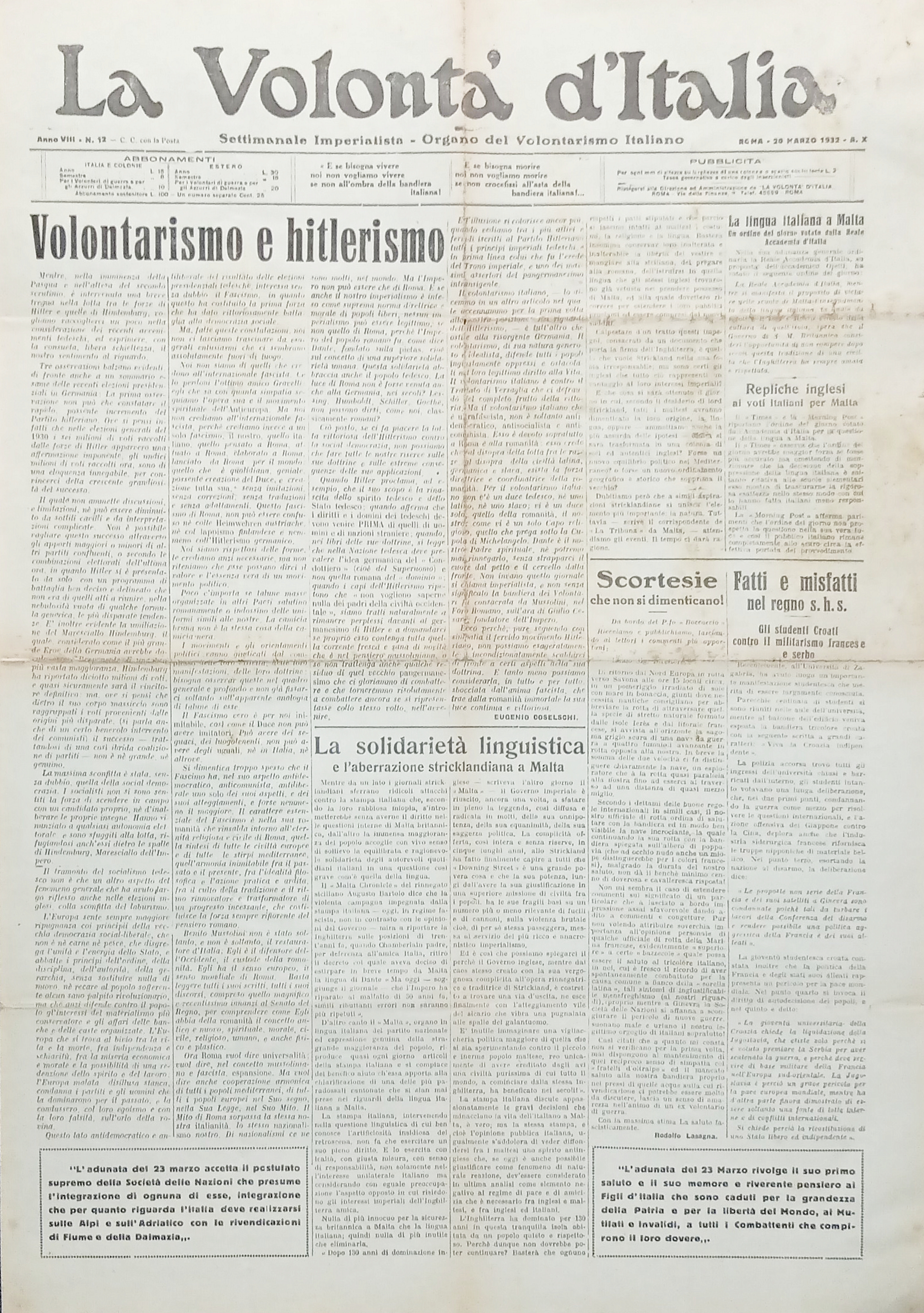 Organo Volontarismo - La Volontà d'Italia N. 12 - Lingua …