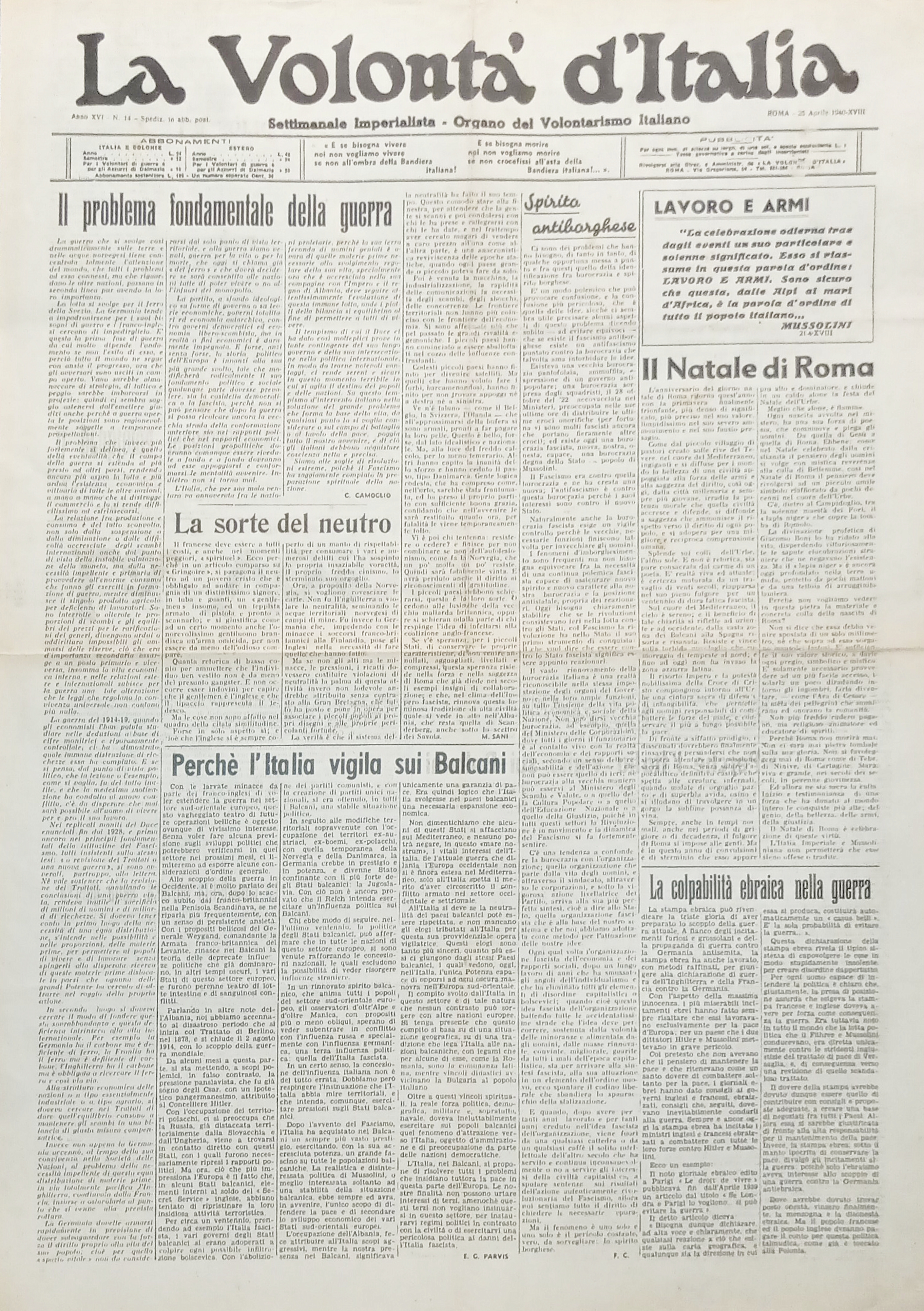 Organo Volontarismo Italiano - La Volontà d'Italia N. 14 Il …