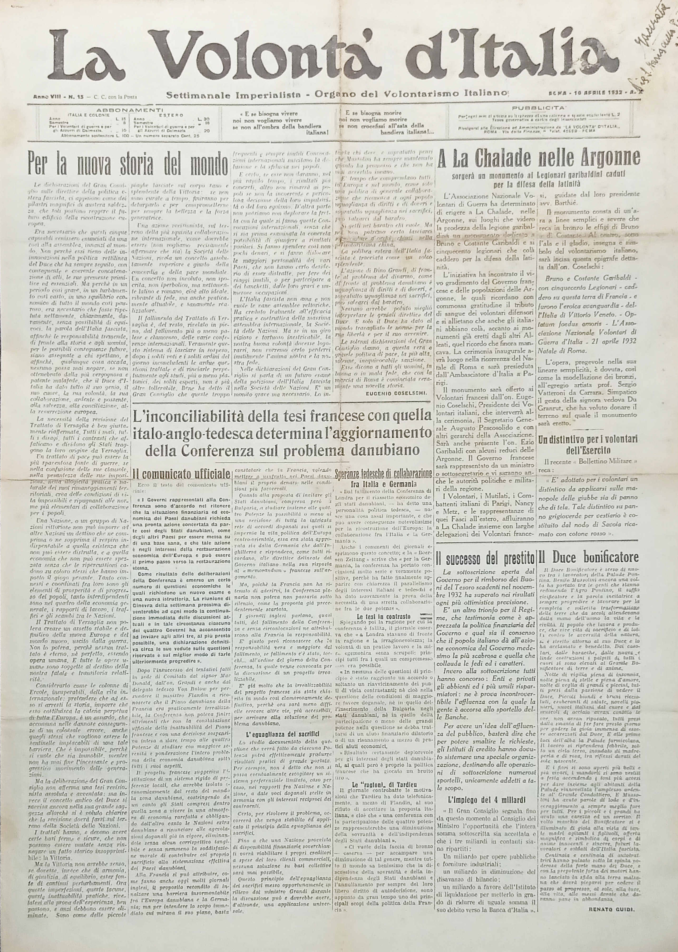 Organo Volontarismo Italiano - La Volontà d'Italia N. 15 Duce …