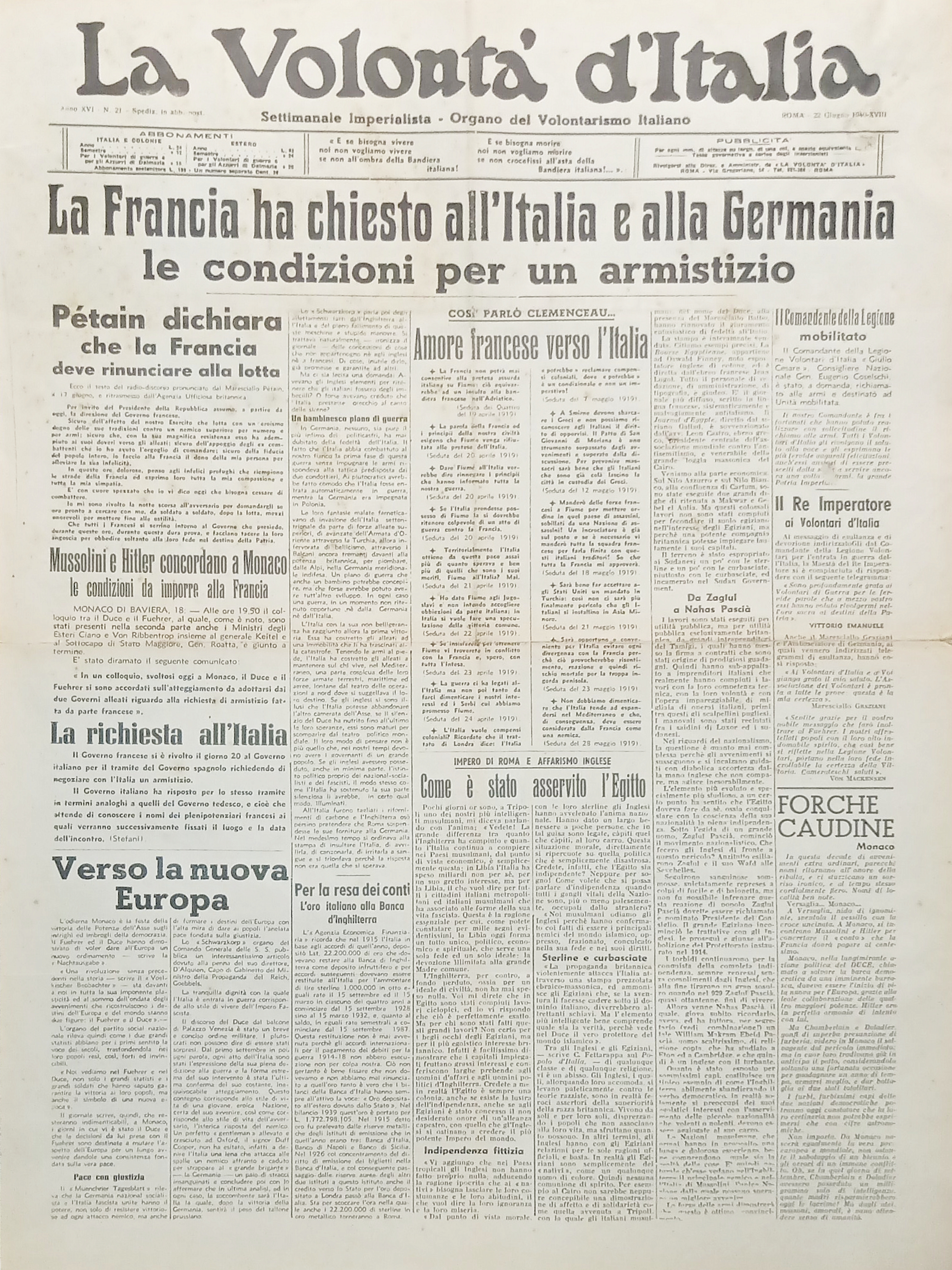 Organo Volontarismo Italiano - La Volontà d'Italia N. 21 - …