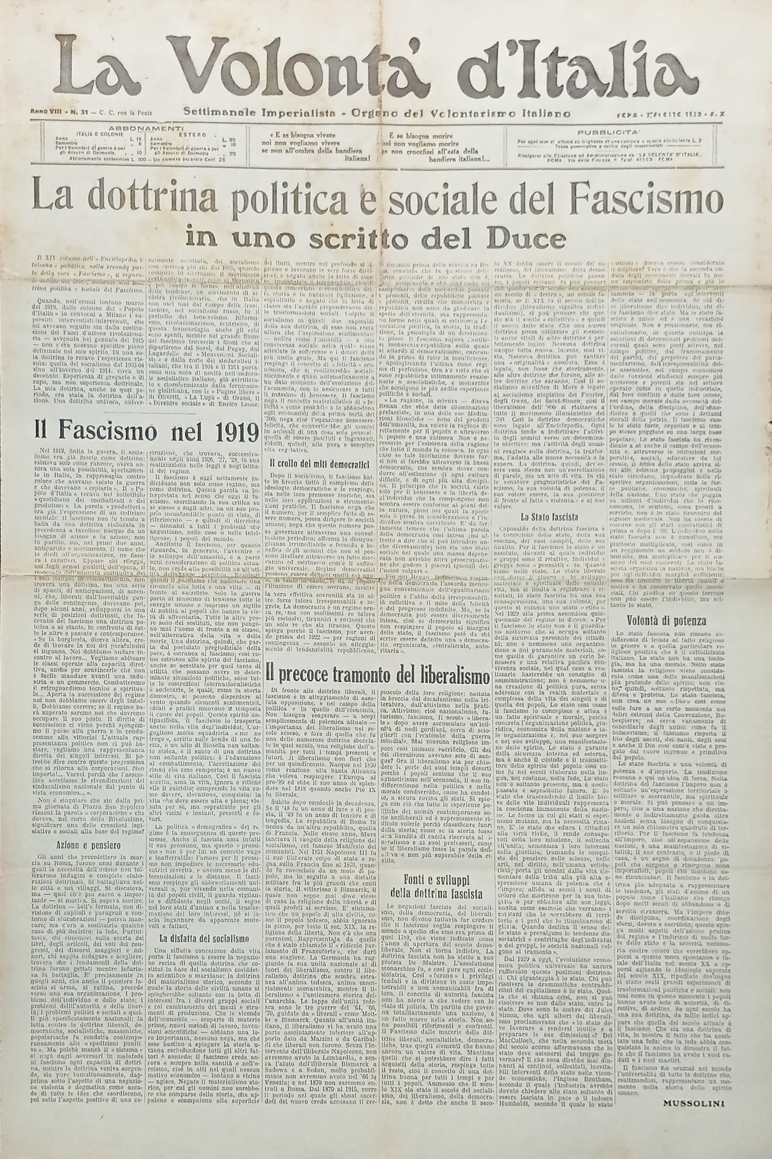 Organo Volontarismo Italiano - La Volontà d'Italia N.31 Fascismo nel …