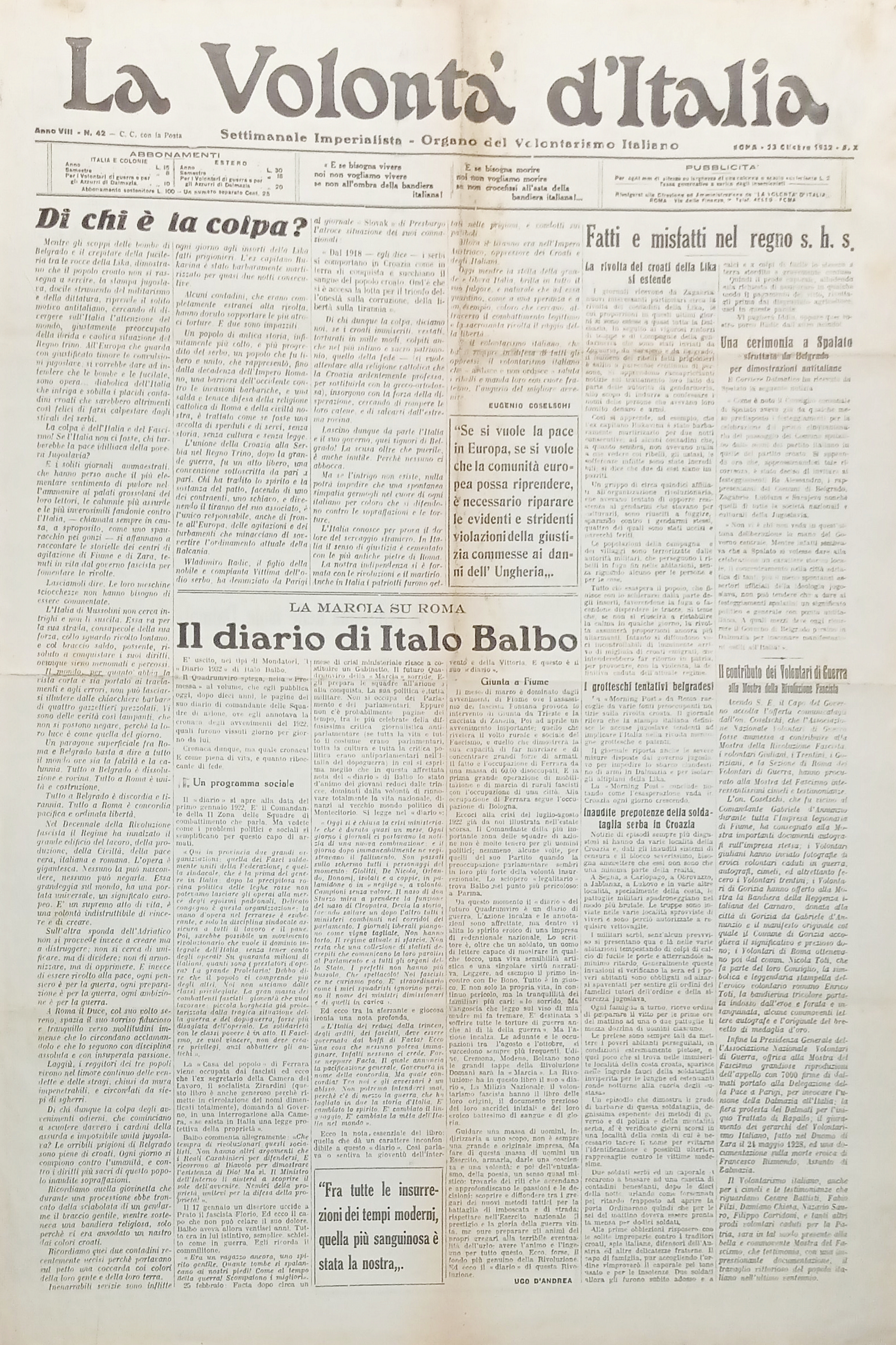 Organo Volontarismo Italiano - La Volontà d'Italia N. 42 Diario …