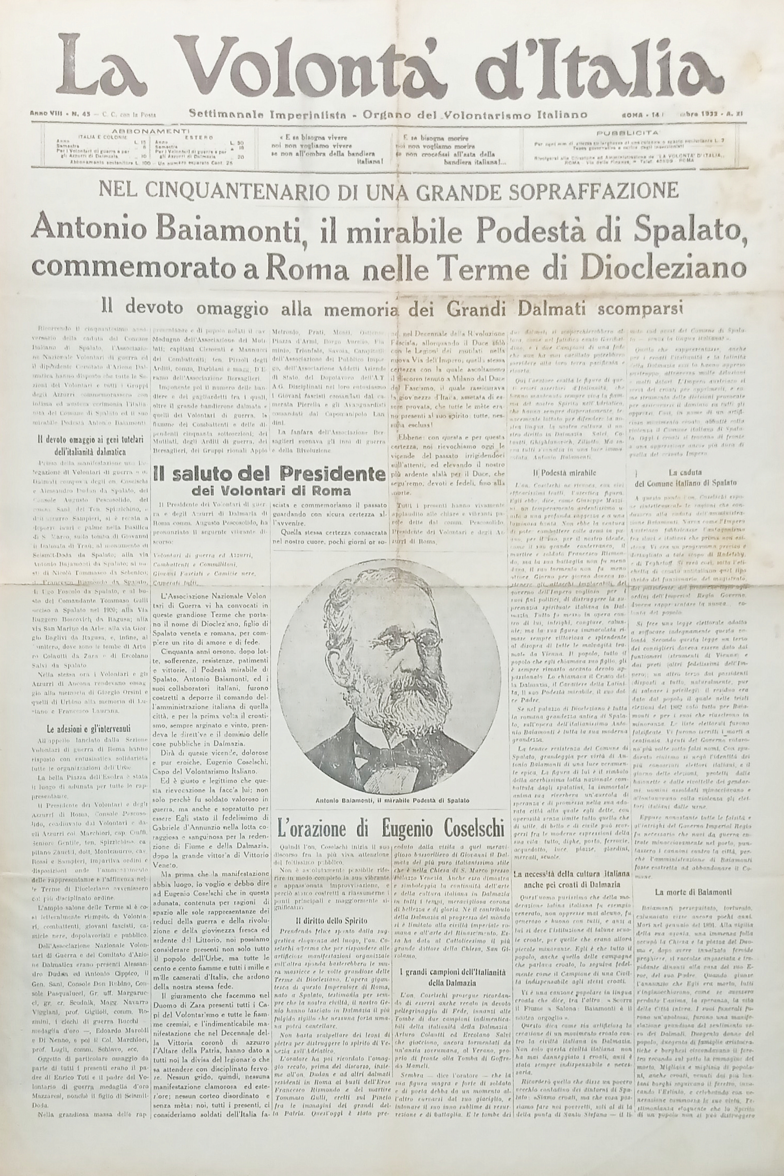 Organo Volontarismo Italiano - La Volontà d'Italia N. 45 Antonio …