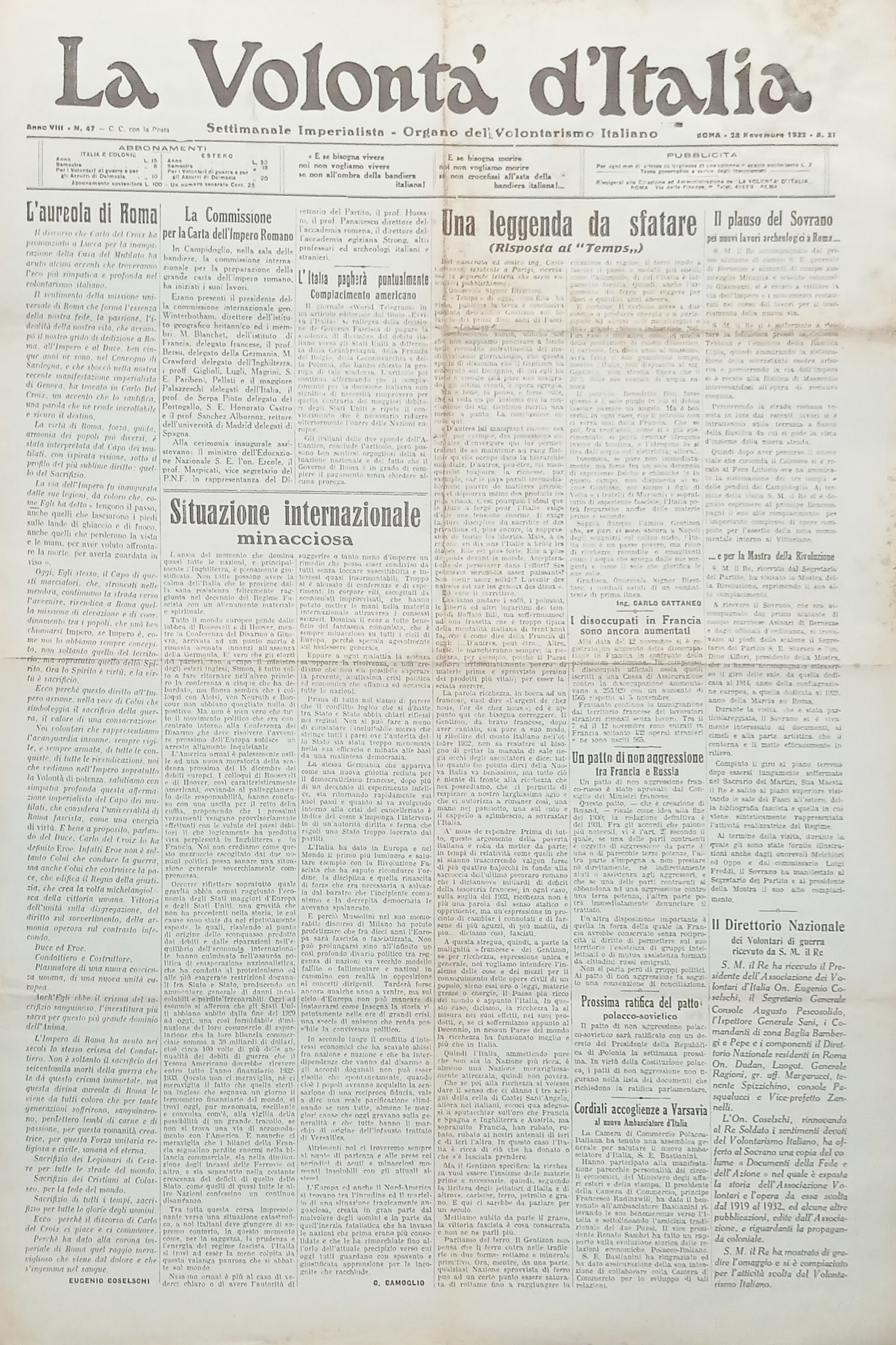 Organo Volontarismo Italiano - La Volontà d'Italia N. 47 L'aureola …