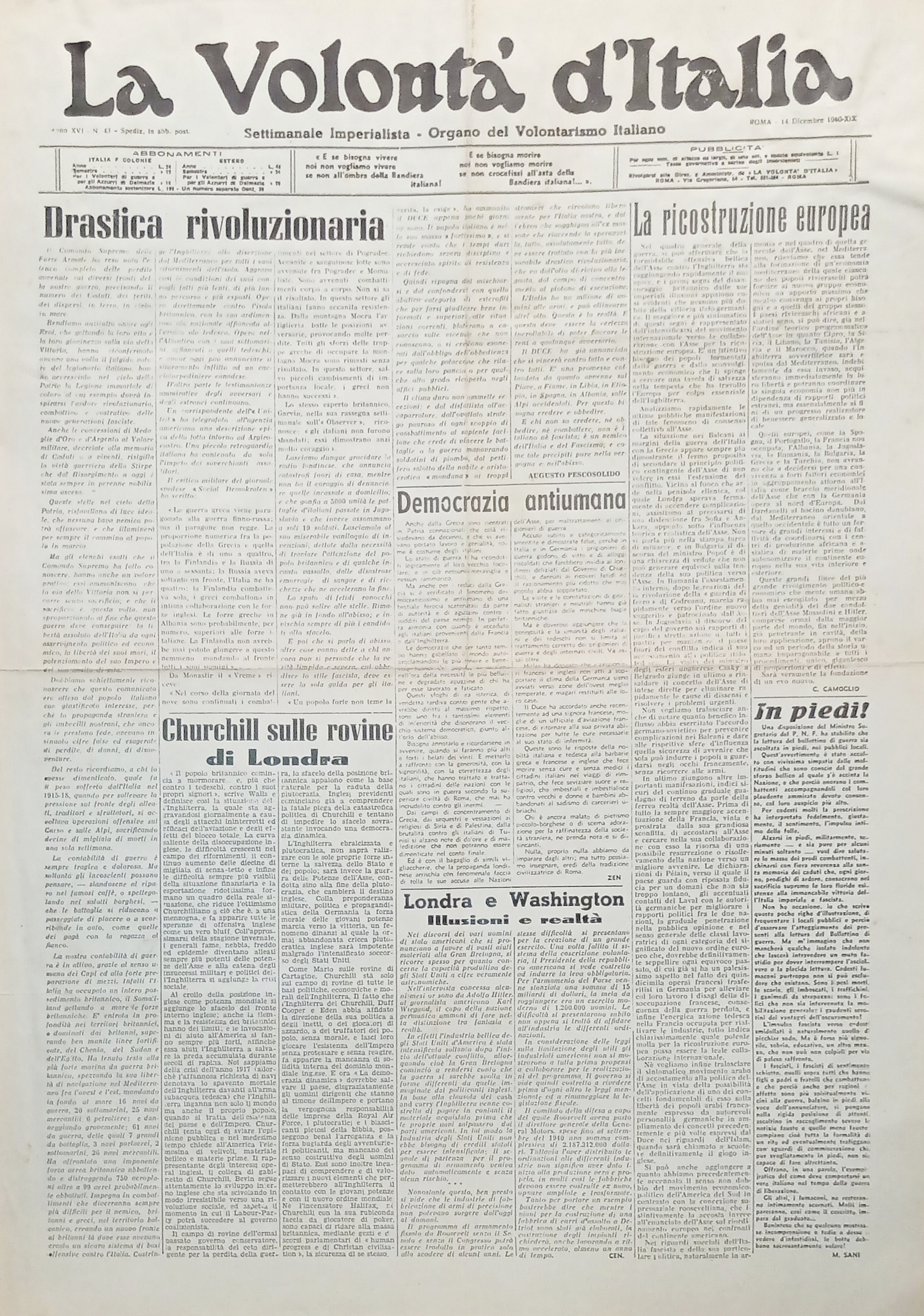 Organo Volontarismo Italiano La Volontà d'Italia N. 43 Democrazia antiumana …