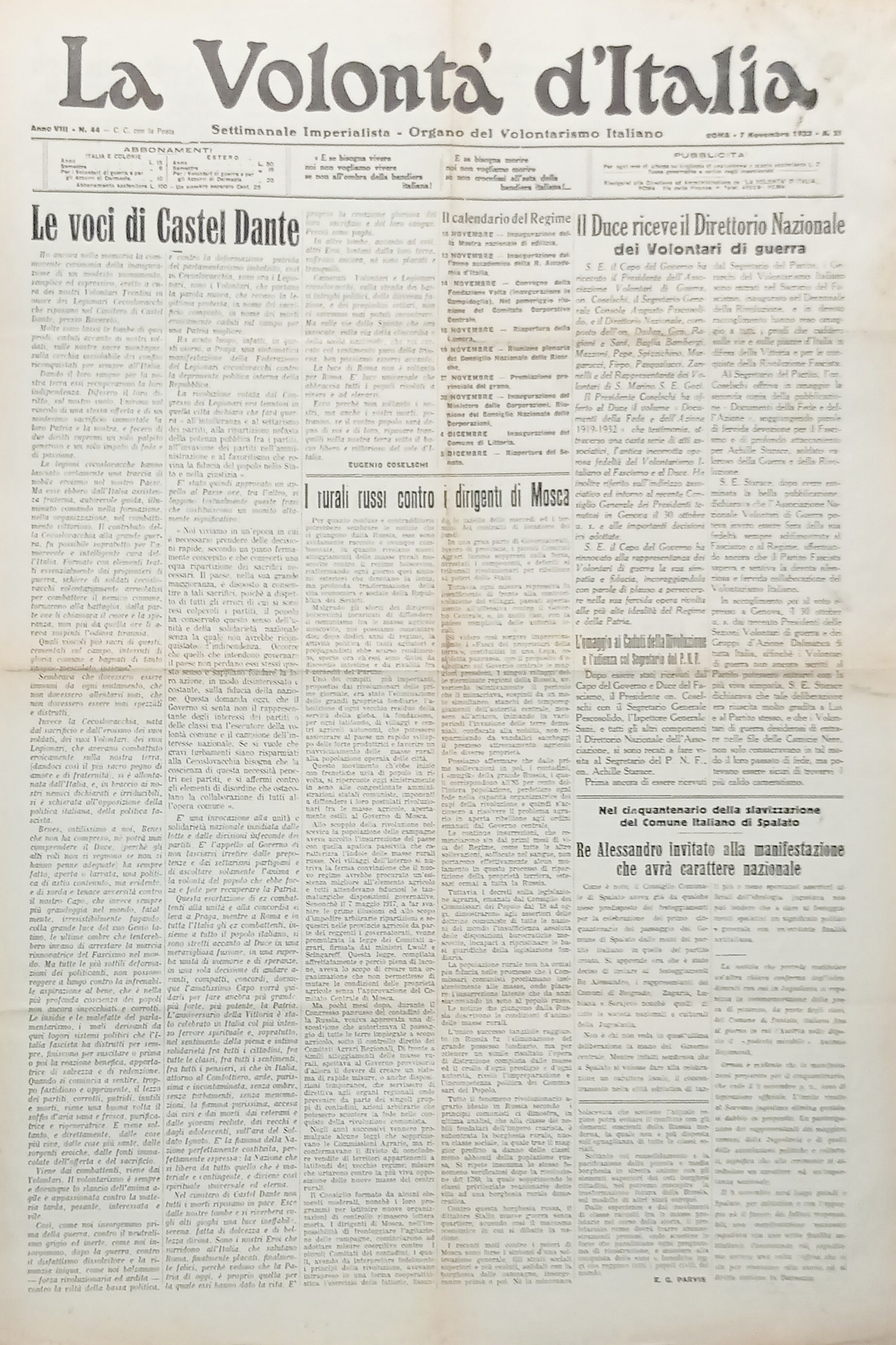 Organo Volontarismo Italiano La Volontà d'Italia N. 44 Voci di …