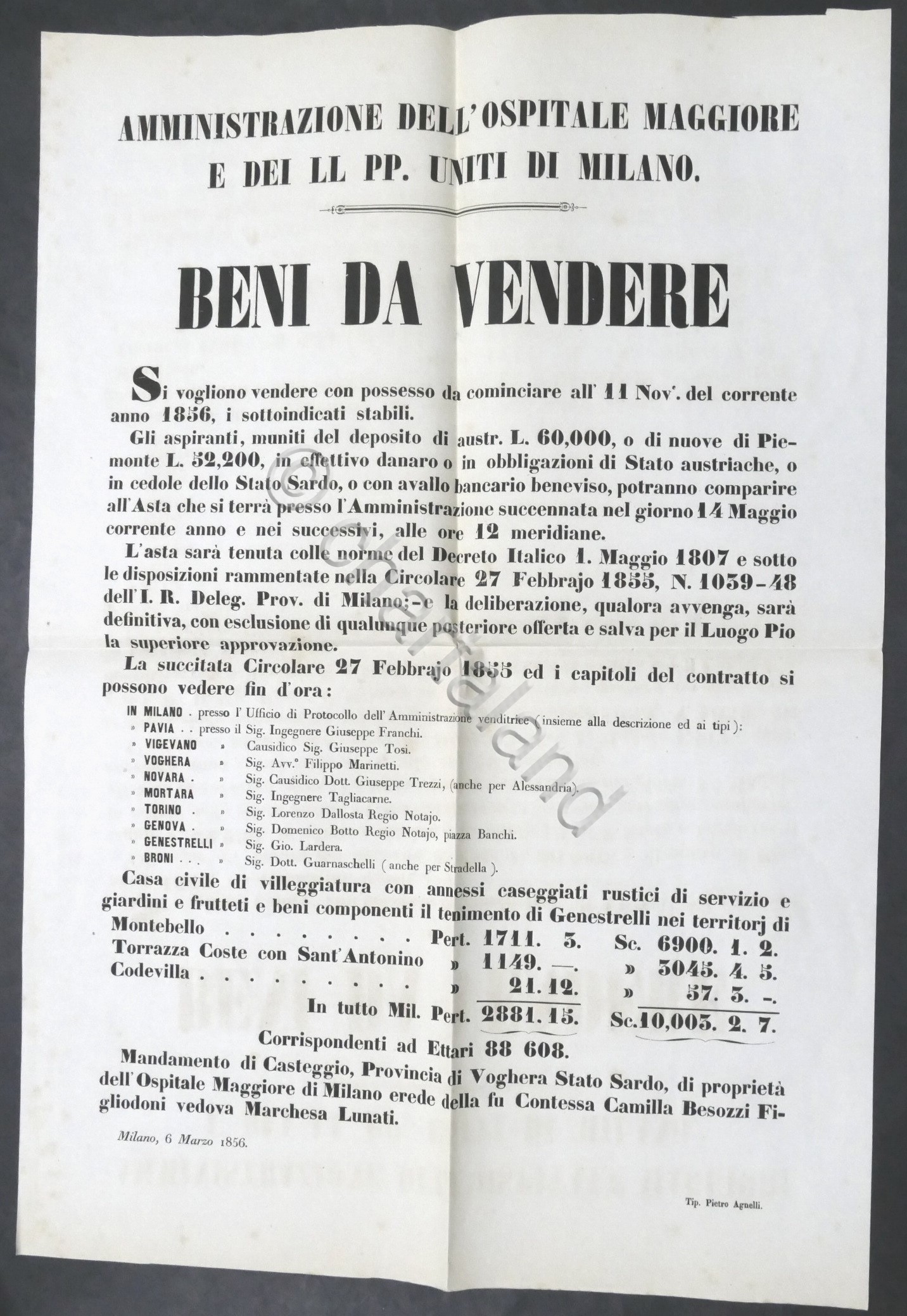 Ospitale Maggiore di Milano - Manifesto: Beni da vendere - …