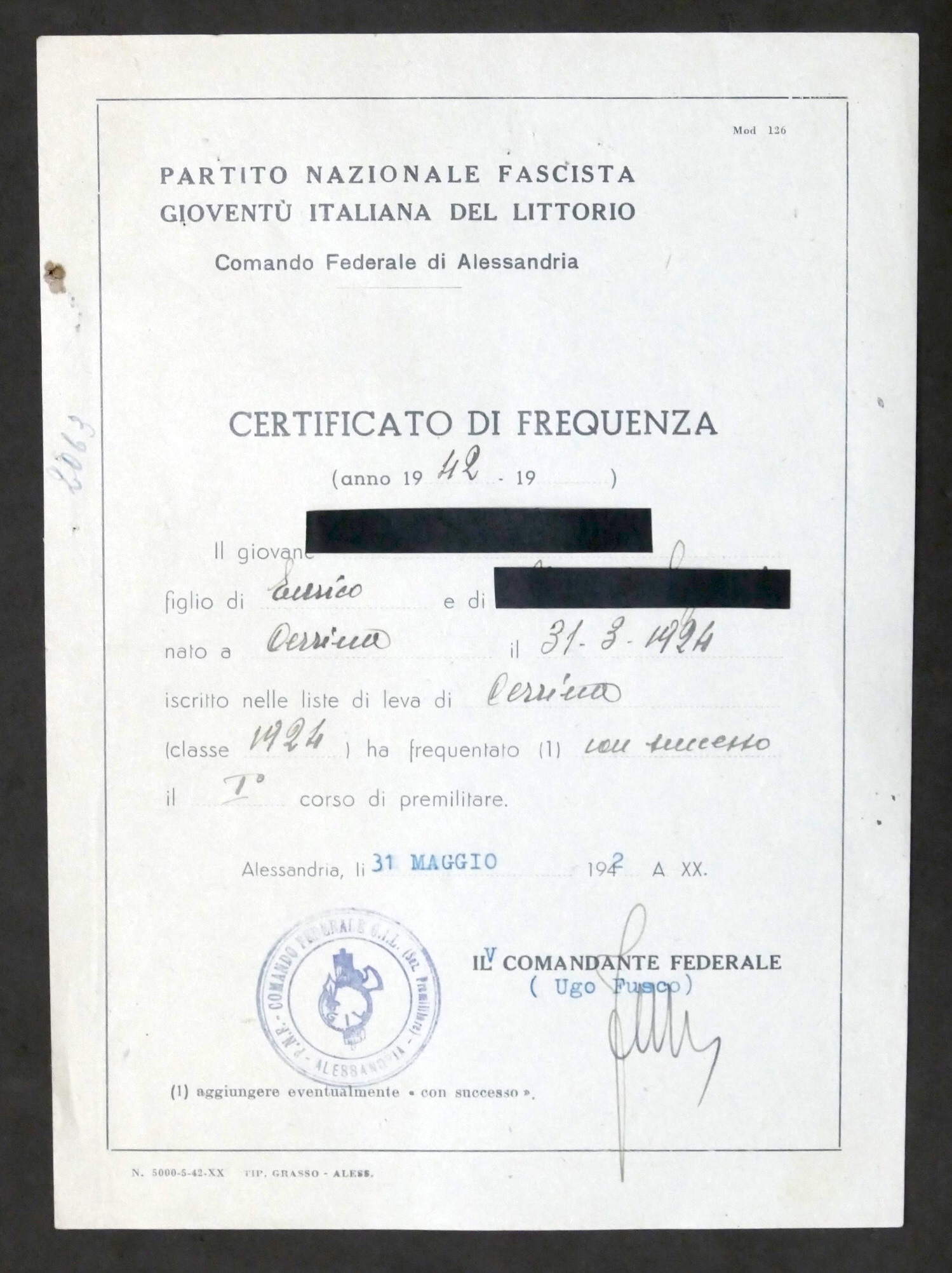 P.N.F. Gioventù Italiana del Littorio Certificato Frequenza - Alessandria 1942
