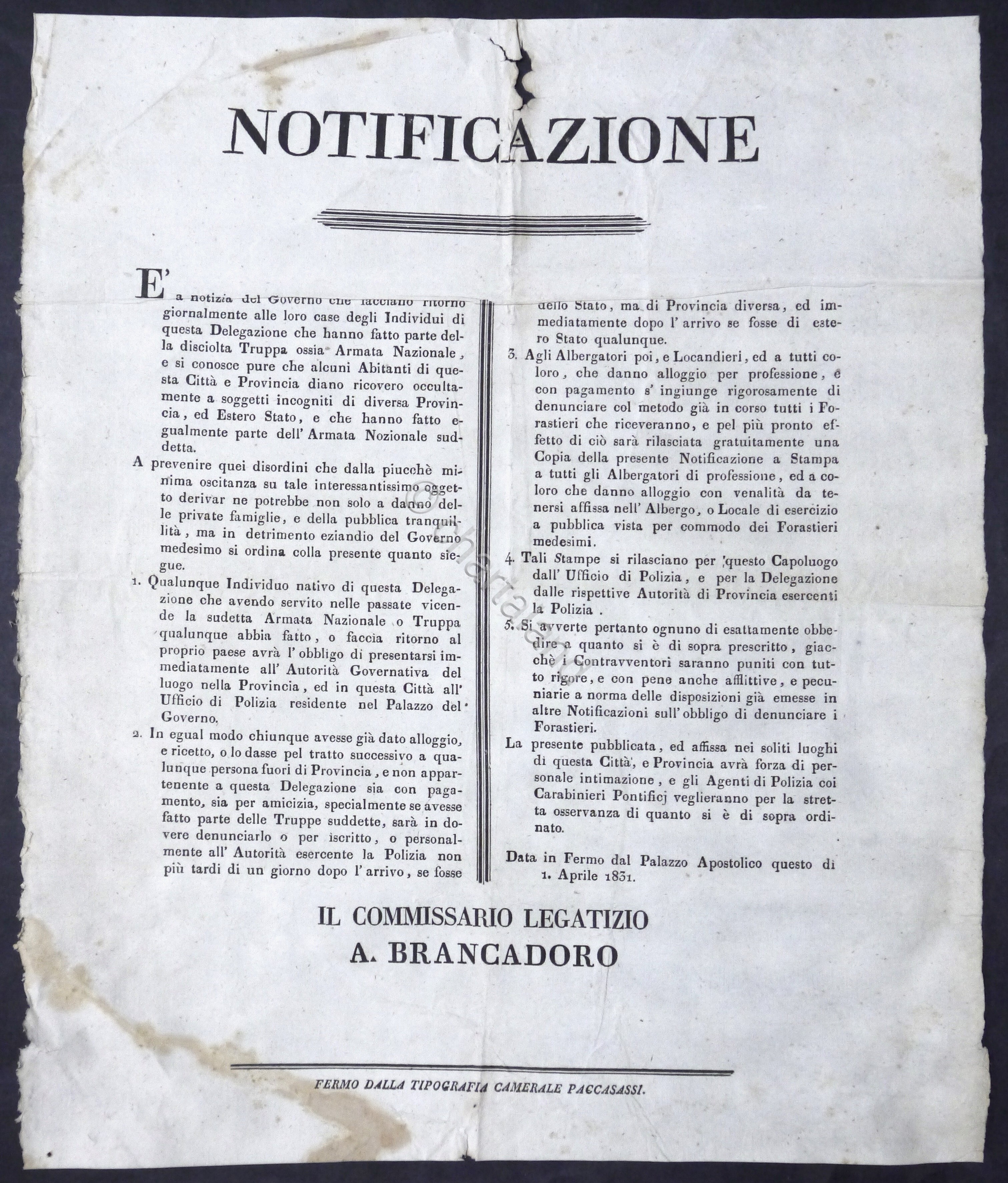 Palazzo Apostolico di Fermo - Notifica per Armata Nazionale e …