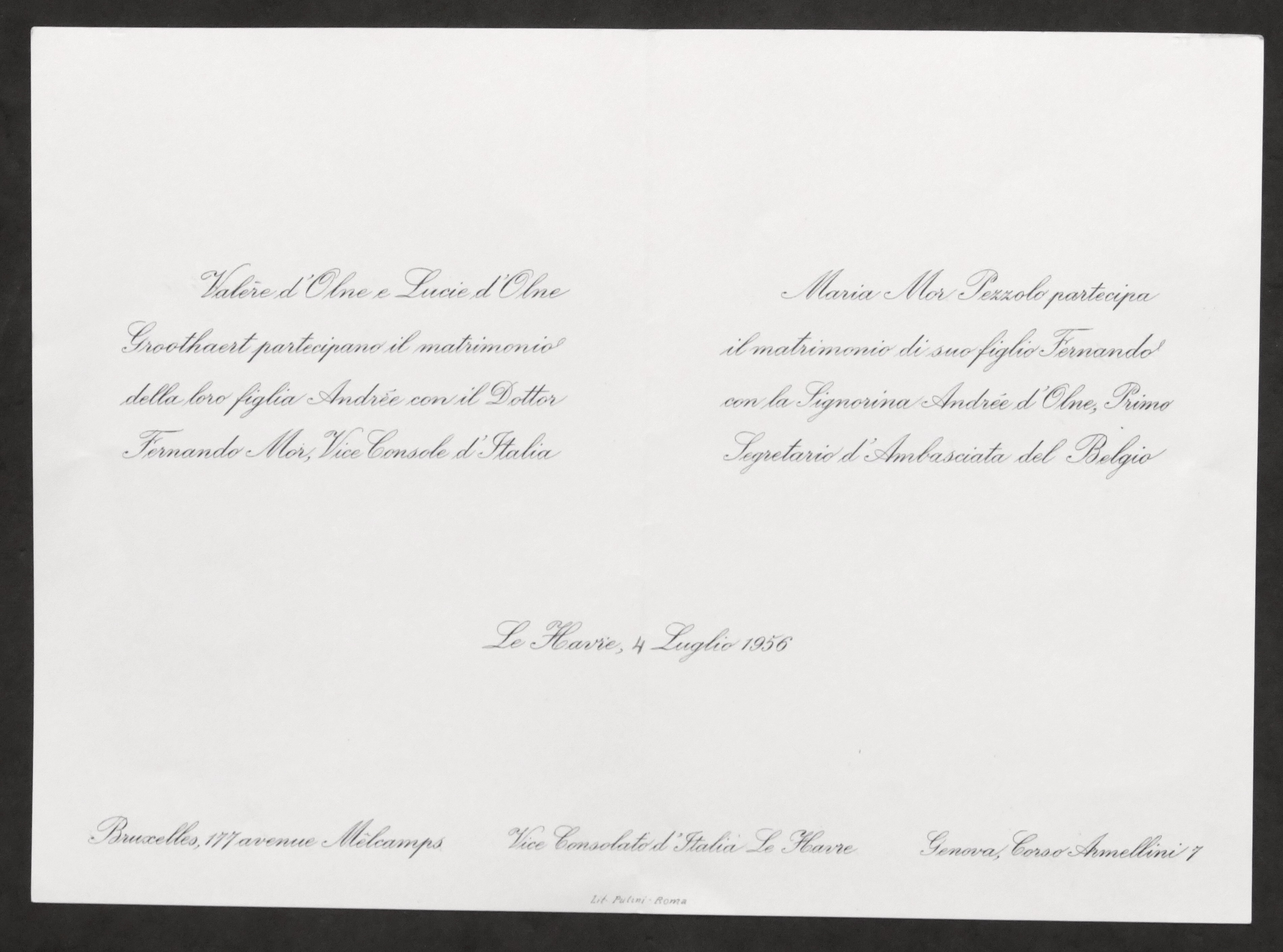 Partecipazioni invito Nozze viceconsole Fernando Mor e Andrée d'Olne - …