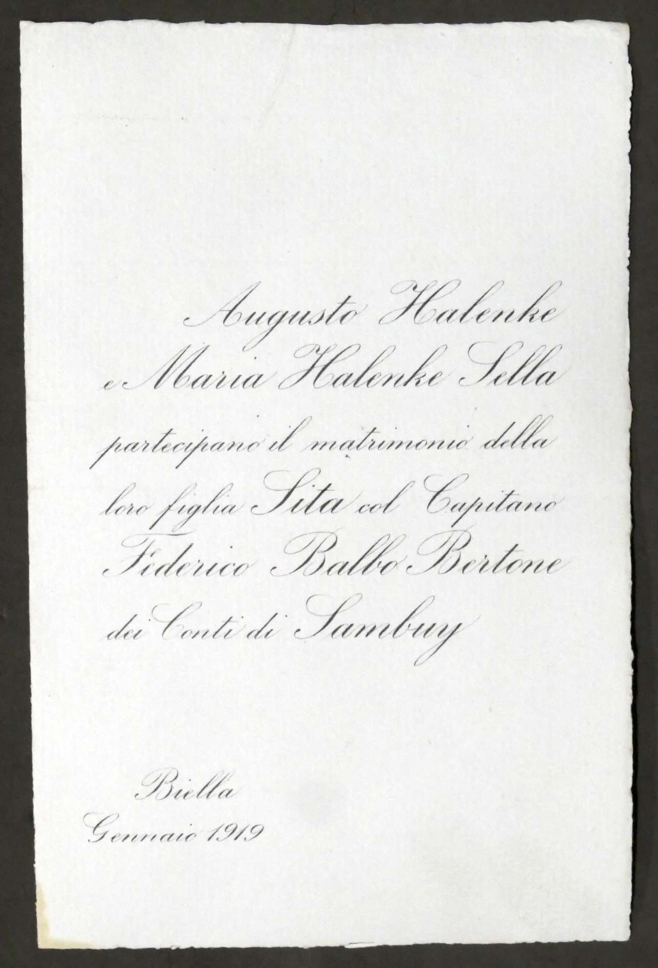 Partecipazioni Nozze capitano Federico Balbo con la signorina Sita Sella …