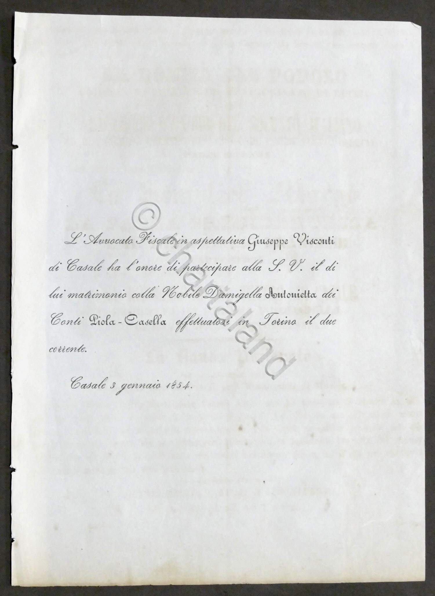 Partecipazioni Nozze Giuseppe Visconti e Antonietta Piola Casella - Casale …