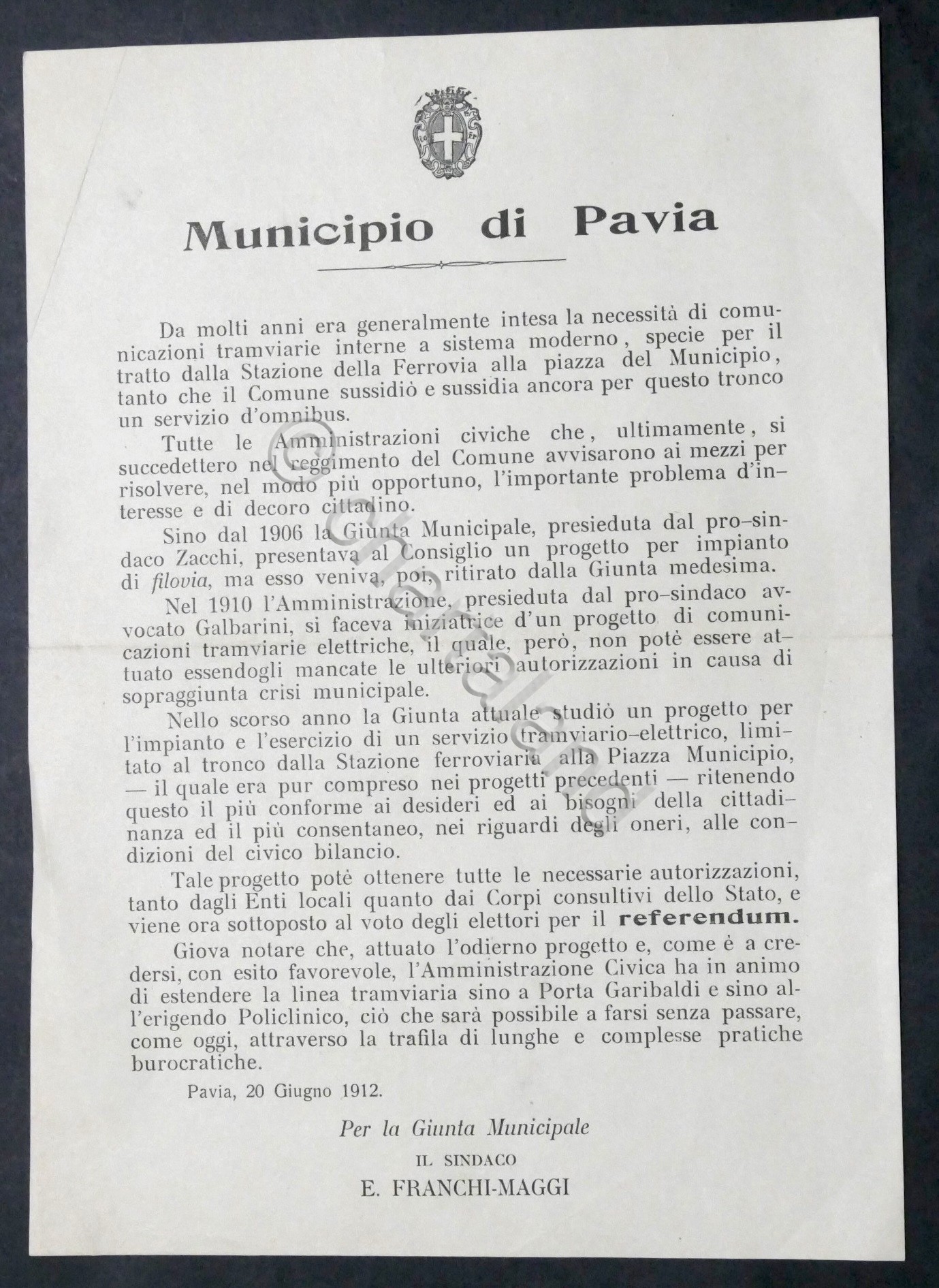 Pavia - Avviso referendum progetto linea tramviaria - 1912