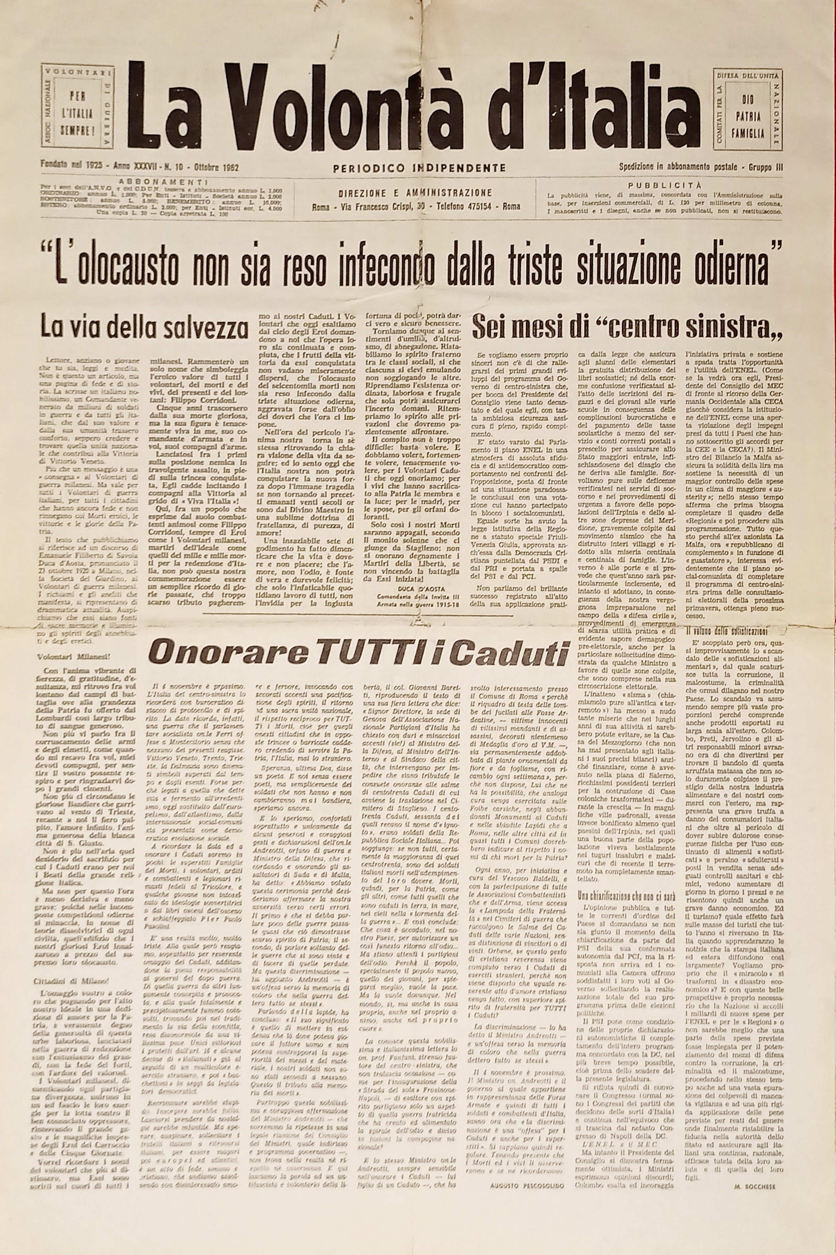 Periodico - La Volontà d'Italia N. 10 - 1962 Sei …