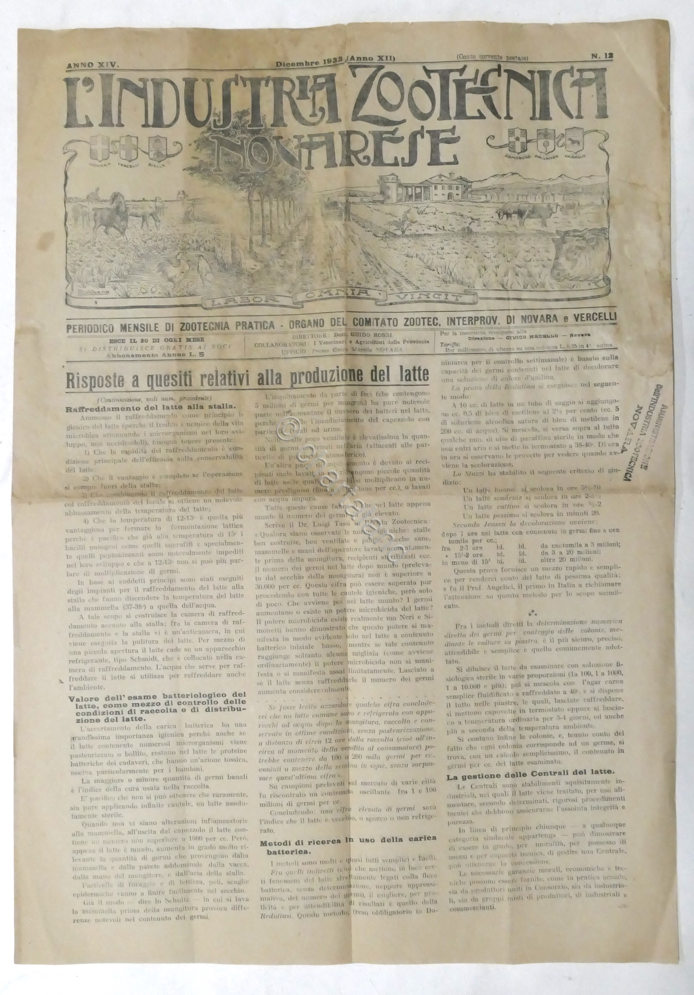 Periodico di Zootecnia - L'Industria Zootecnica Novarese Anno XIV n. …