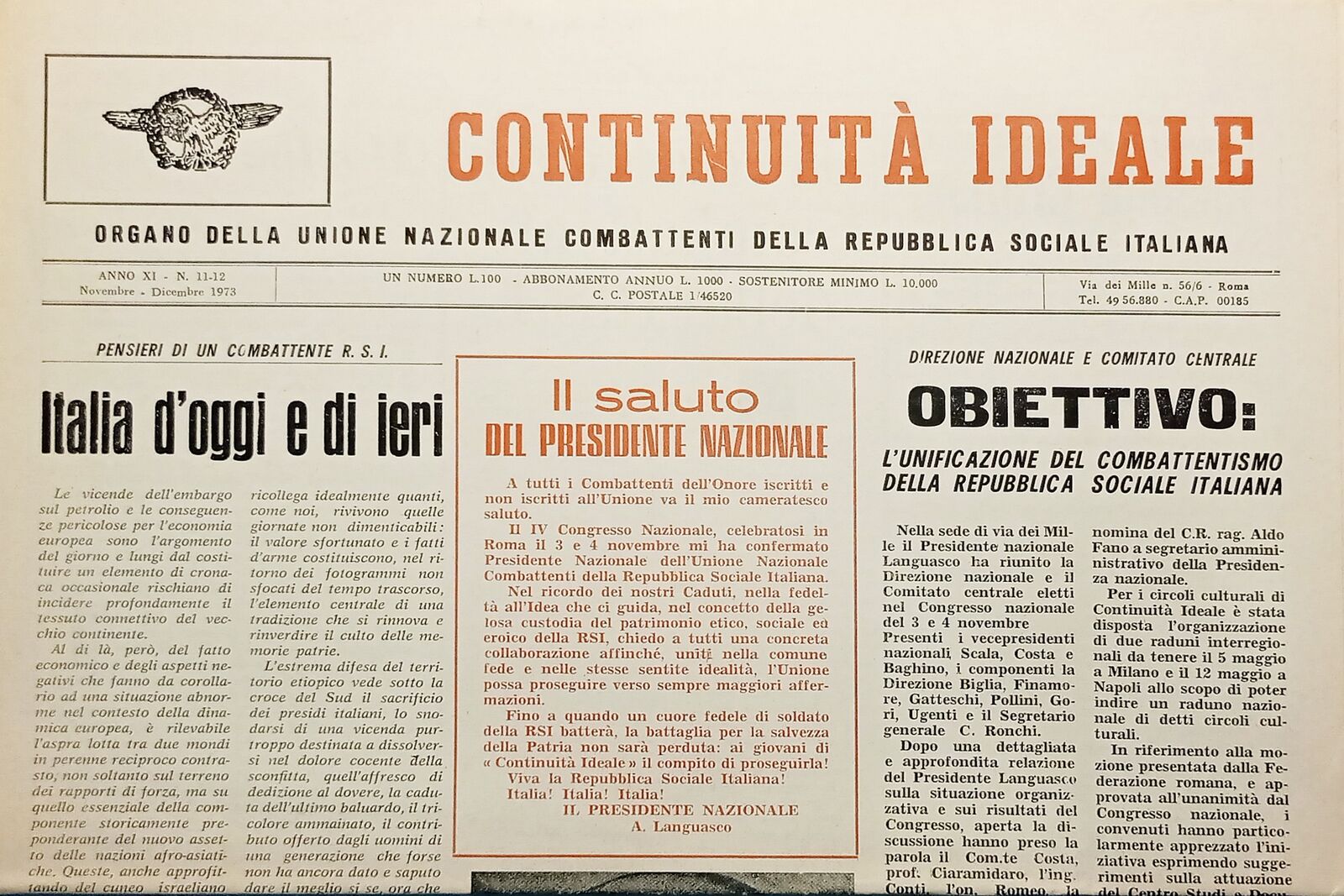 Periodico Unione Nazionale Combattenti RSI - Continuità Ideale N. 11/12 …