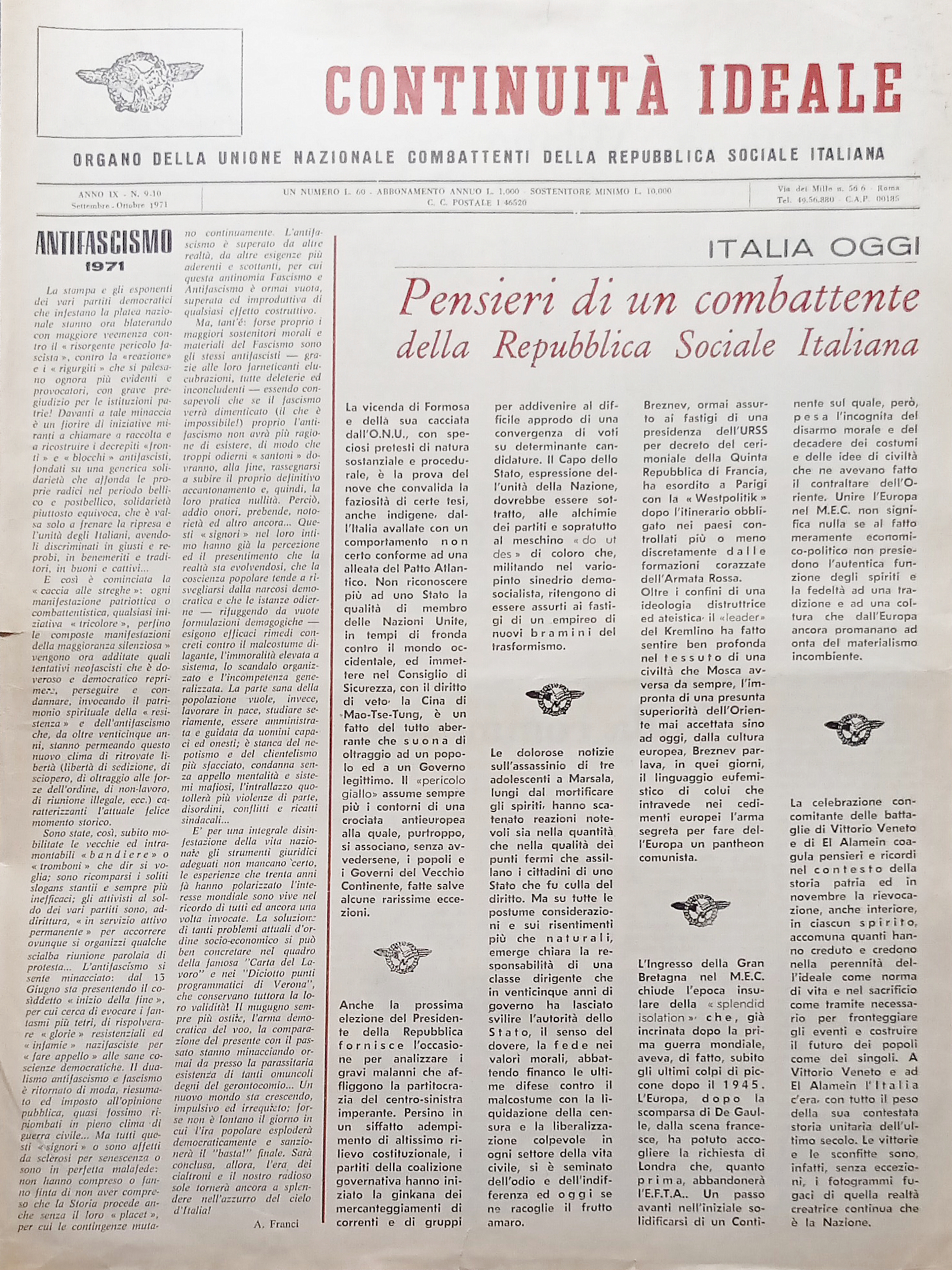 Periodico Unione Nazionale Combattenti RSI - Continuità Ideale N. 9-10 …