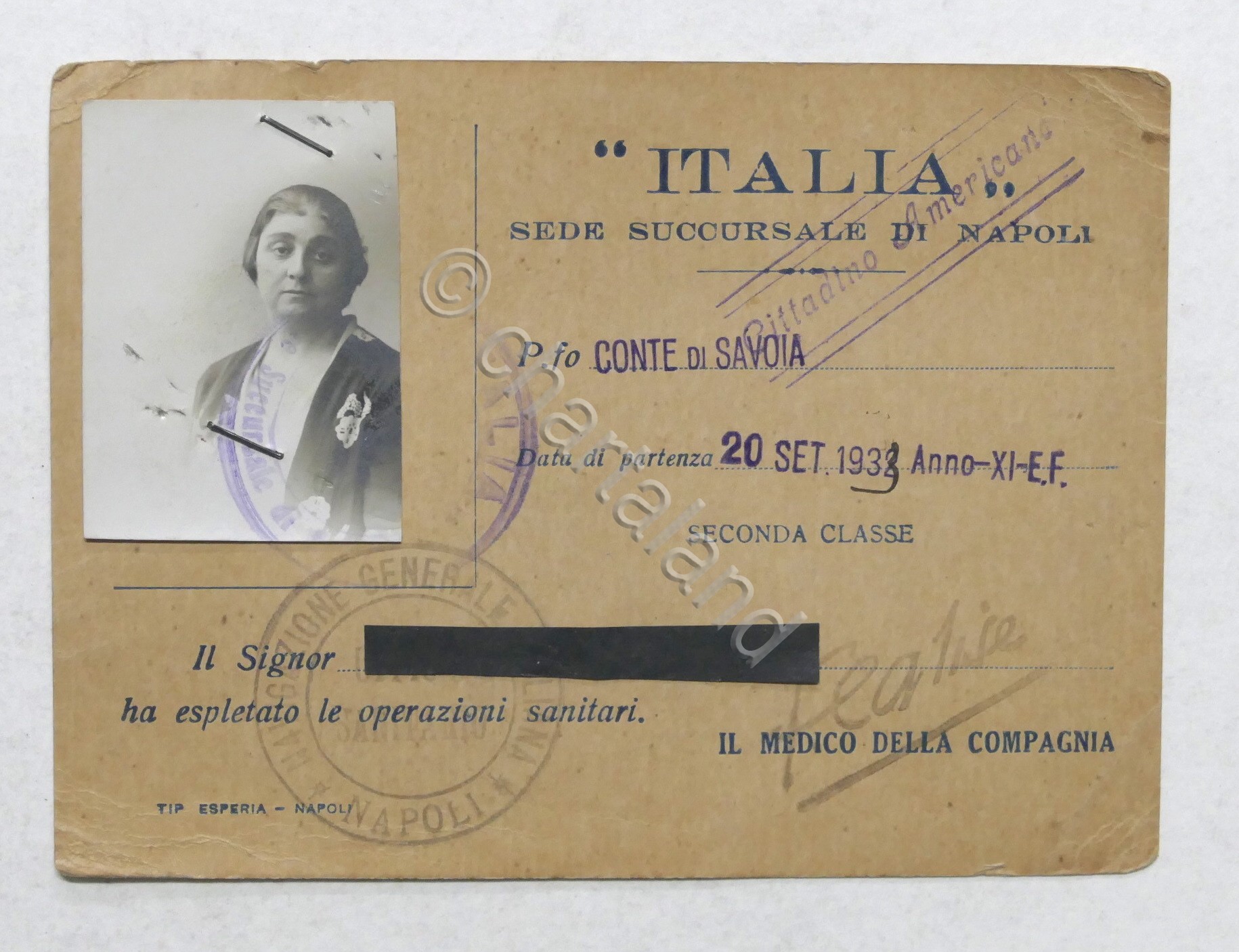 Piroscafo Conte di Savoia Compagnia Italia - Certificato medico - …