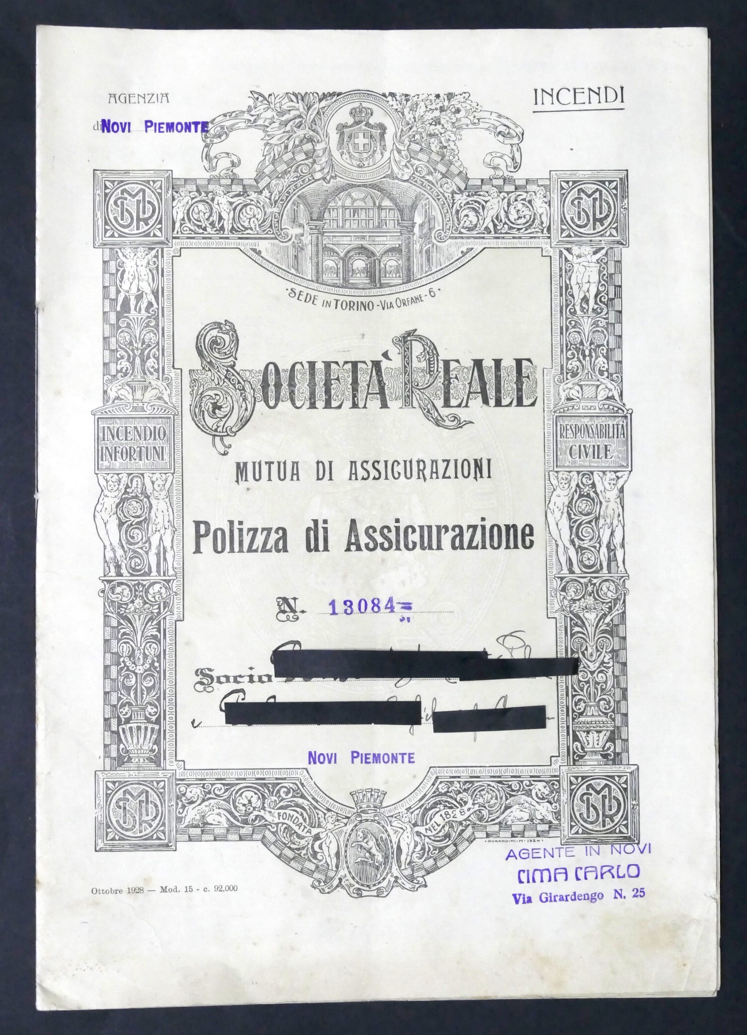 Polizza di Assicurazione contro incendio Società Reale - Ag. Novi …