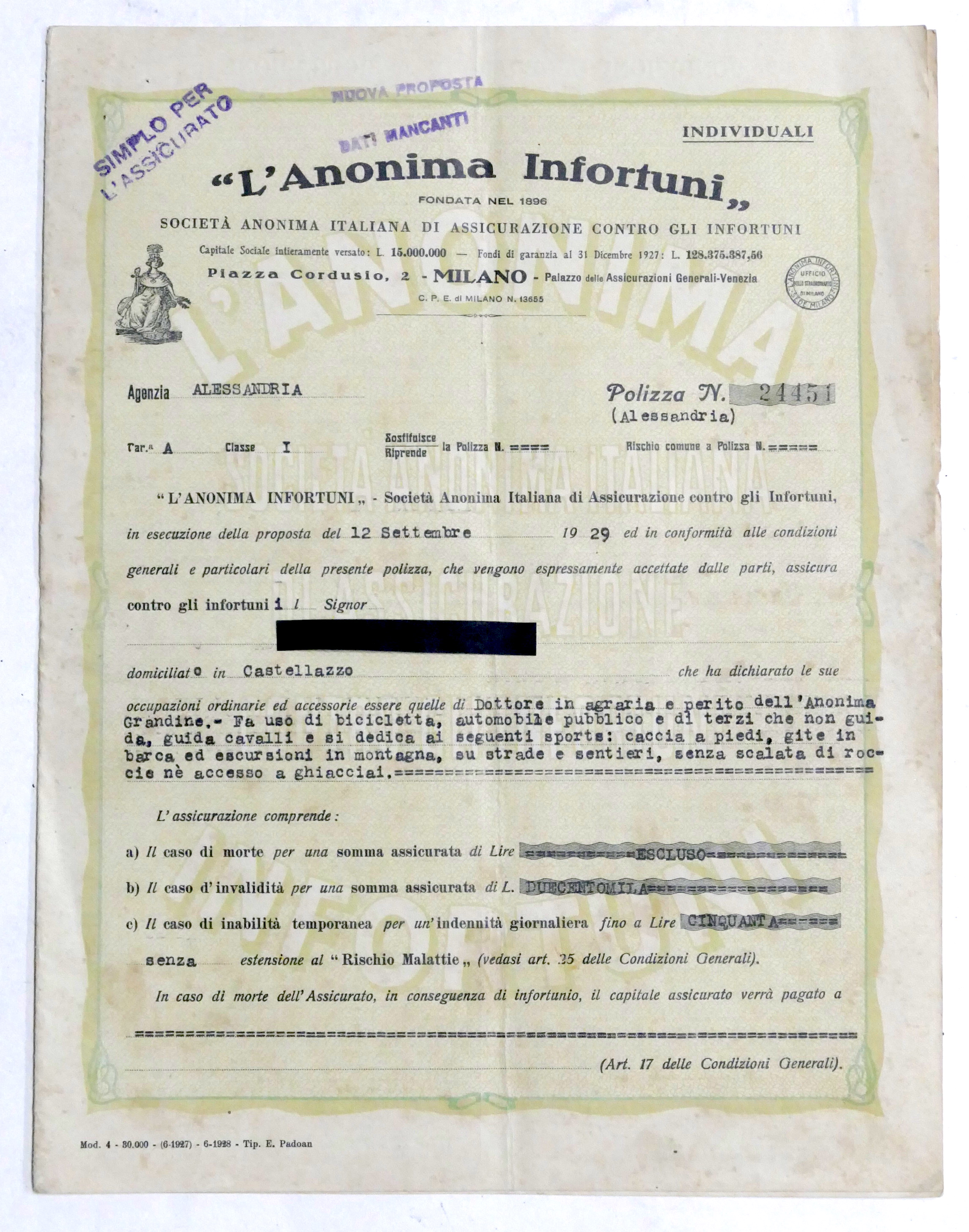 Polizza L'Anonima Infortuni - Società di Assicurazione - Alessandria - …