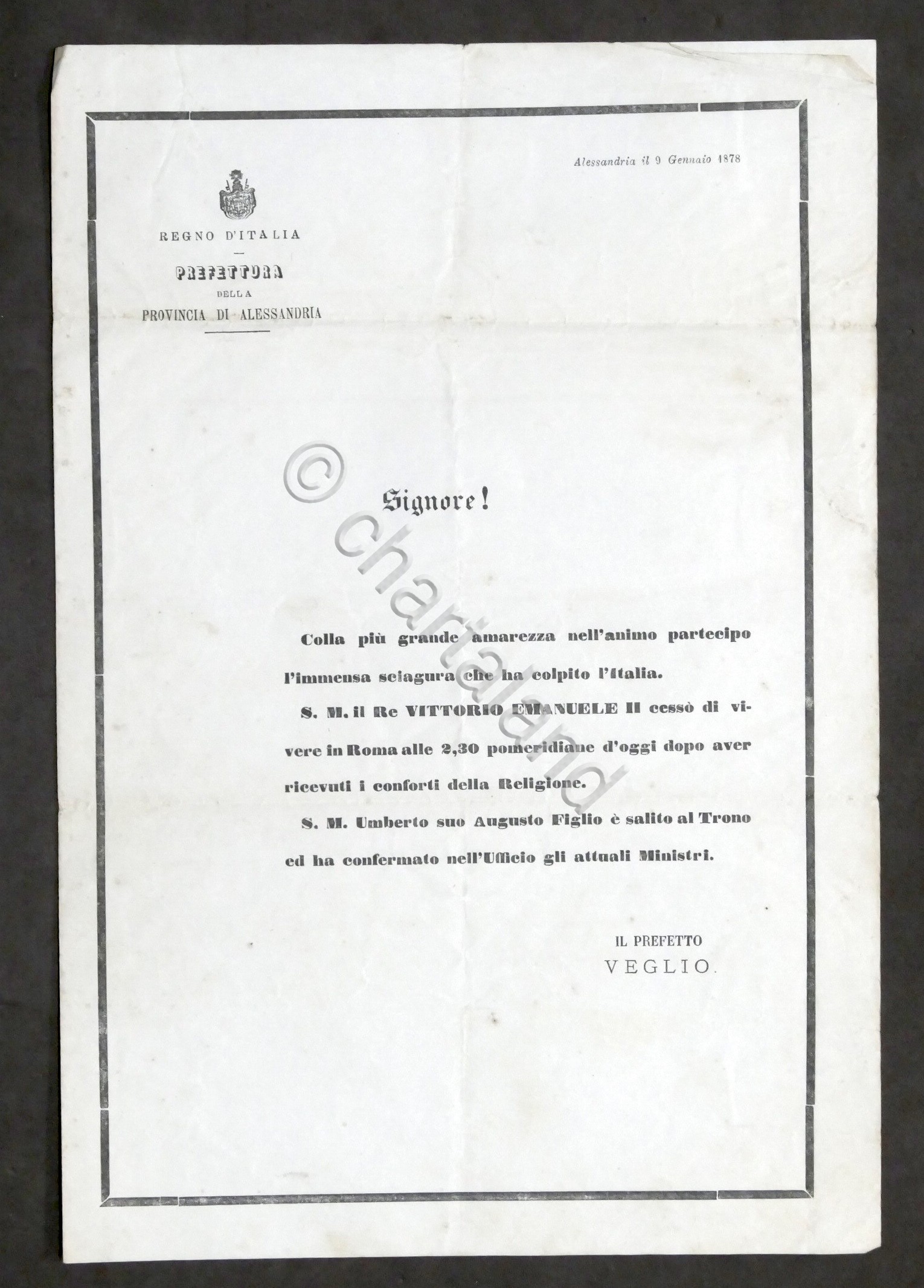 Prefettura Alessandria Lettera condoglianze morte Re Vittorio Emanuele II 1878