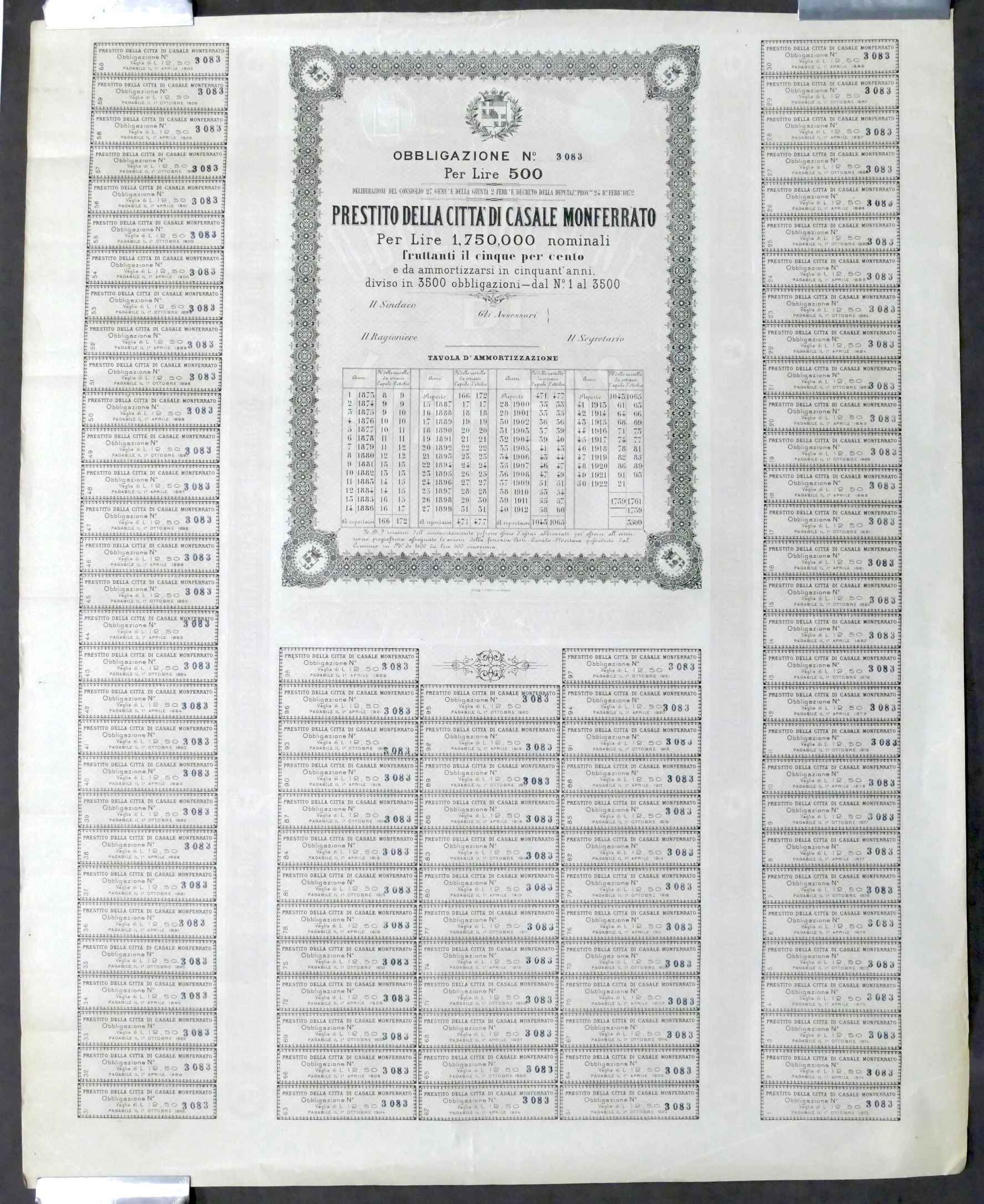 Prestito Città Casale - Obbligazione L. 500 - 1872 - …