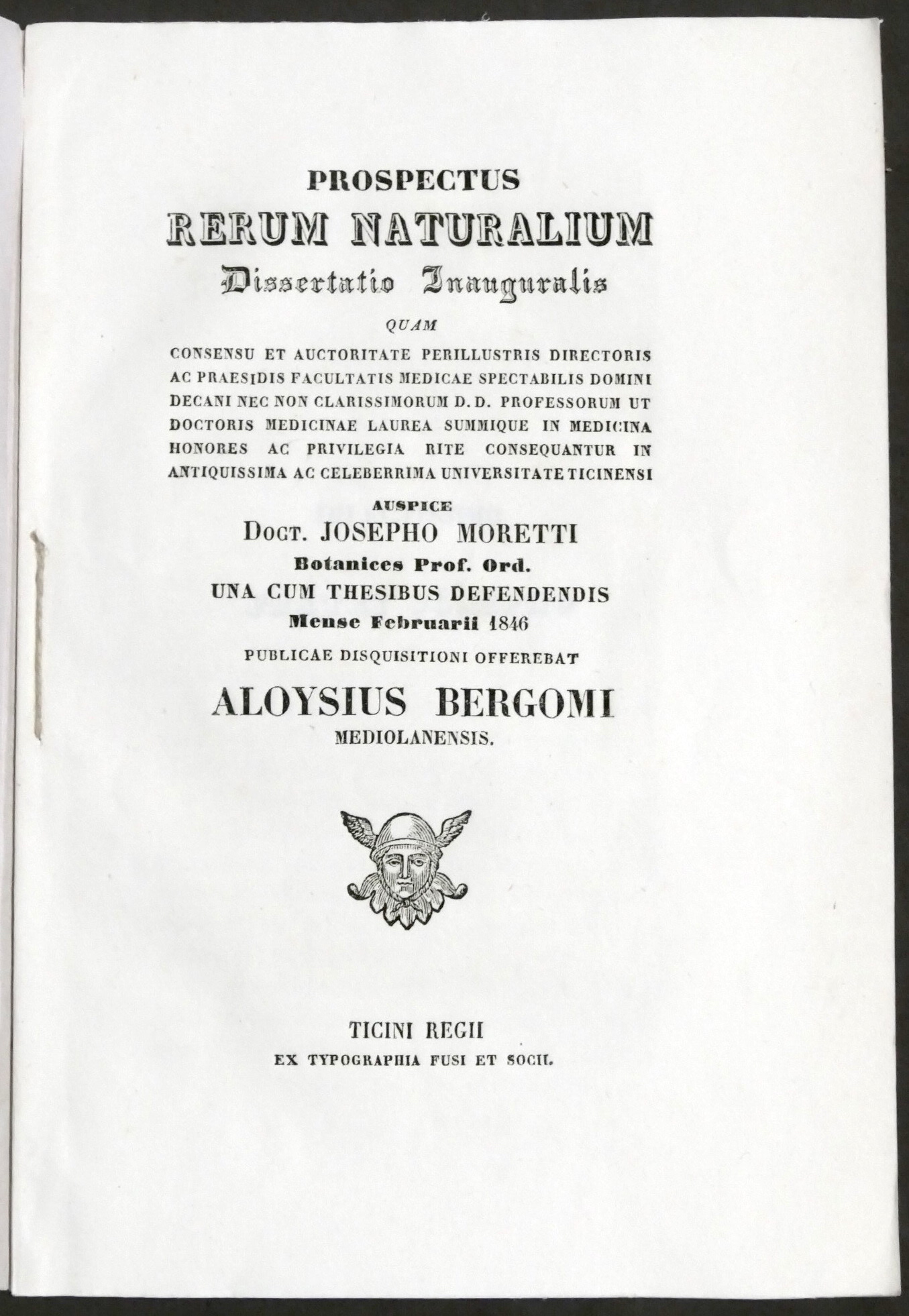 Prospectum Rerum Naturalium - Dissertazione Laurea Università Pavia - 1846