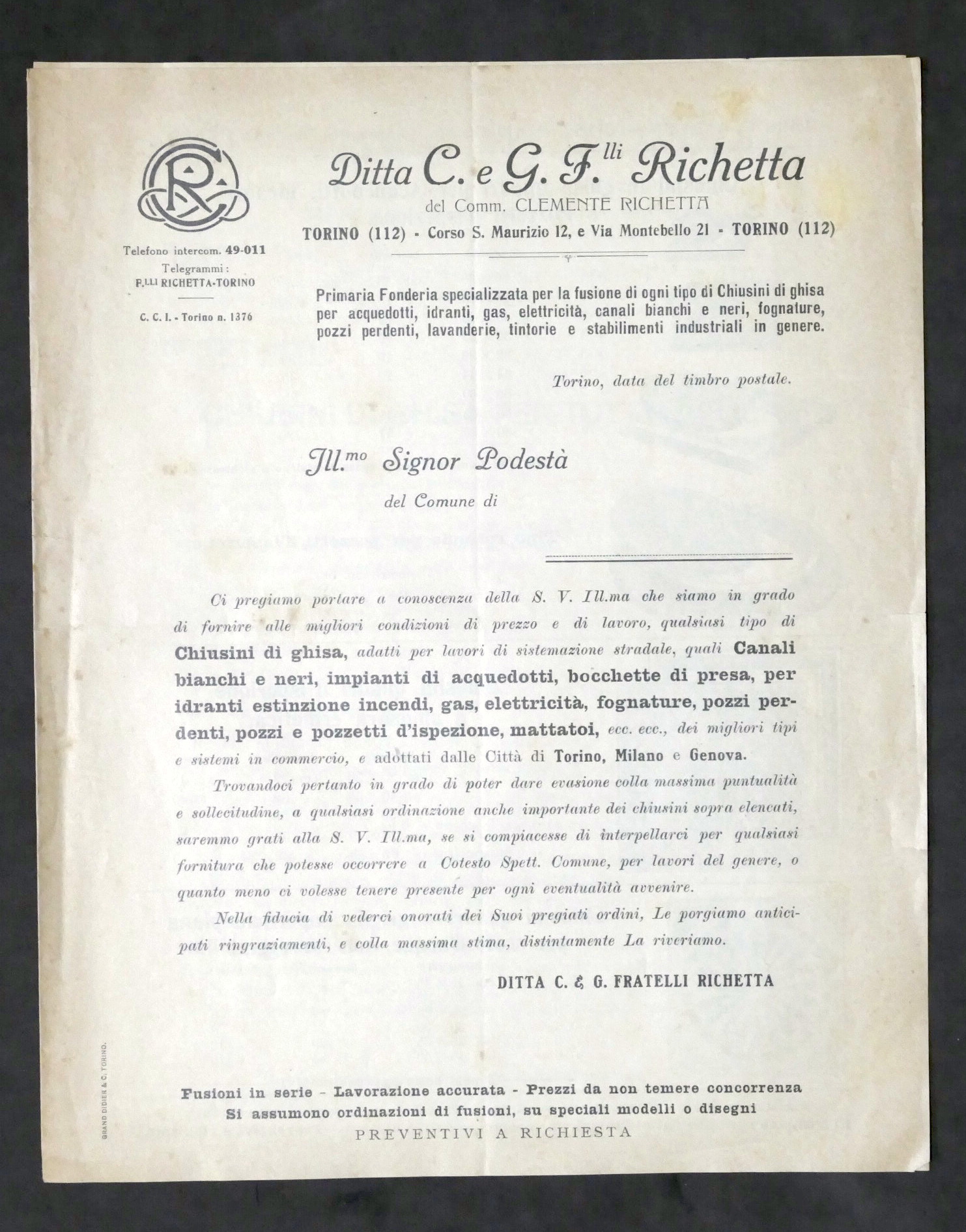 Pubblicità - Brochure Ditta Richetta - Chiusini in ghisa - …