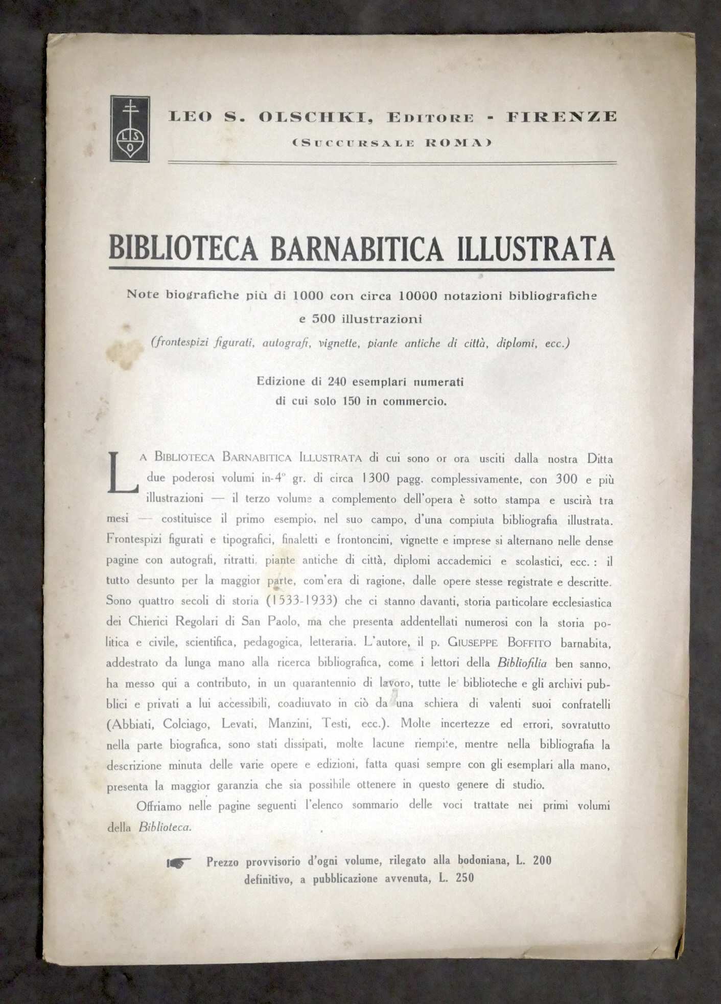 Pubblicità - Brochure Olschki Editore - Biblioteca Barnabitica Illustrata - …