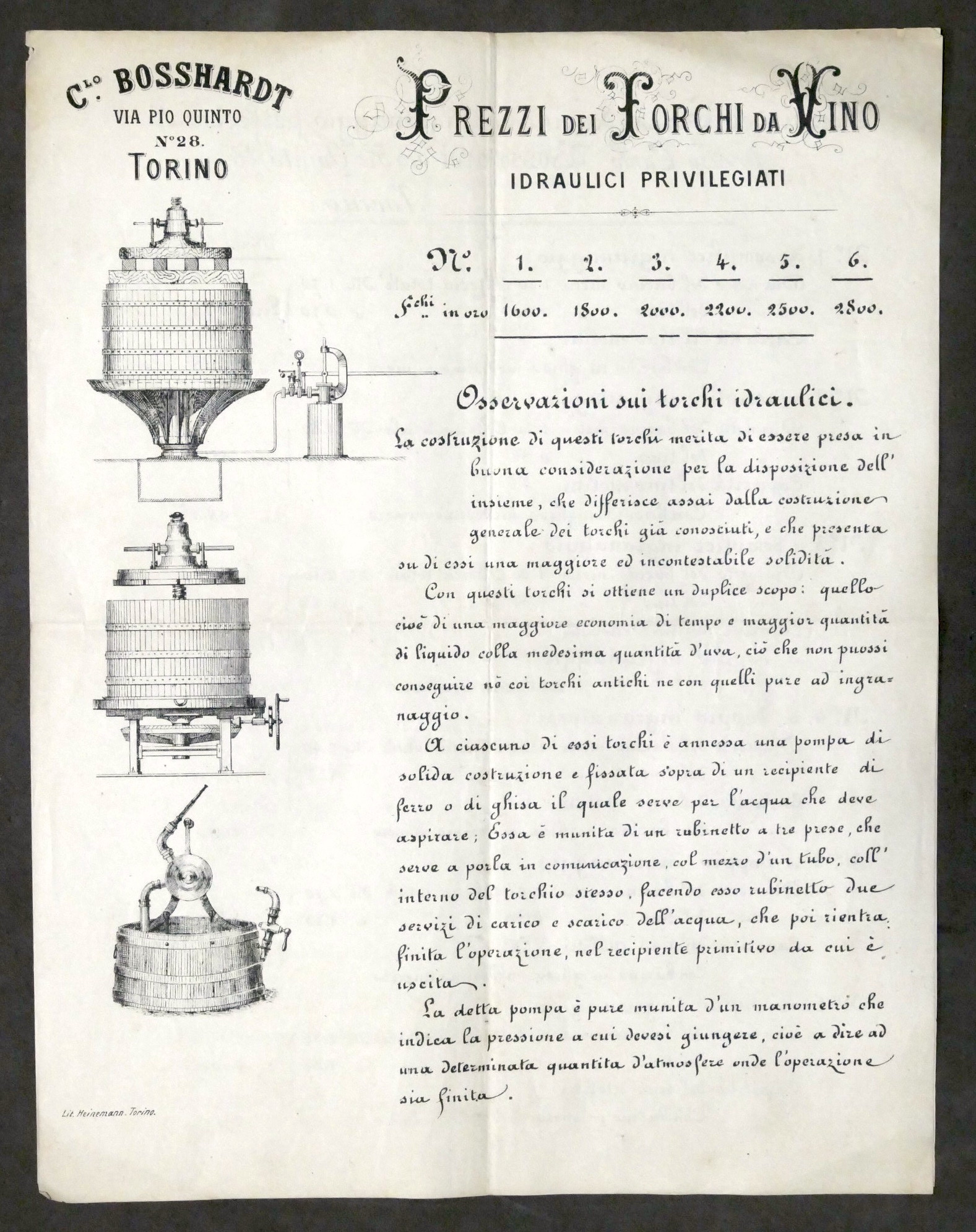 Pubblicità - C. Bosshardt - Torino - Prezzi dei Torchi …