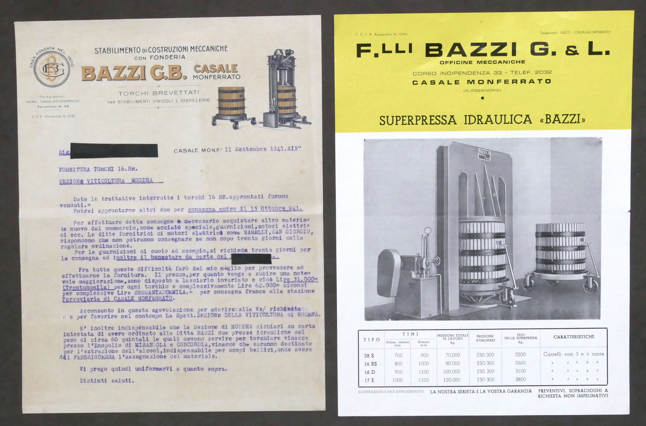 Pubblicità - F.lli Bazzi - Casale Monferrato - Pressa idraulica …