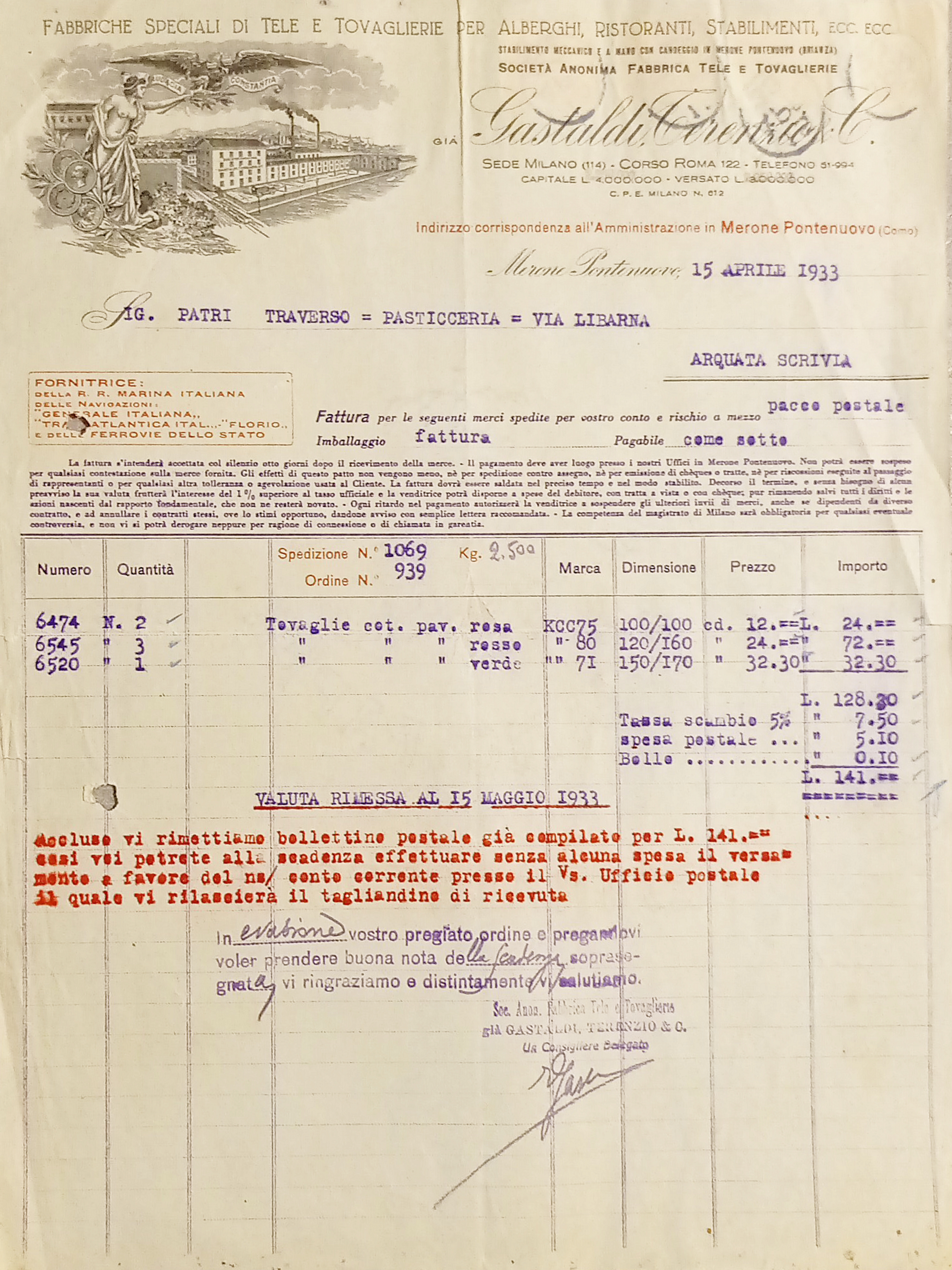 Pubblicità - Fattura - Gastaldi Terenzio & C. - Fabbrica …