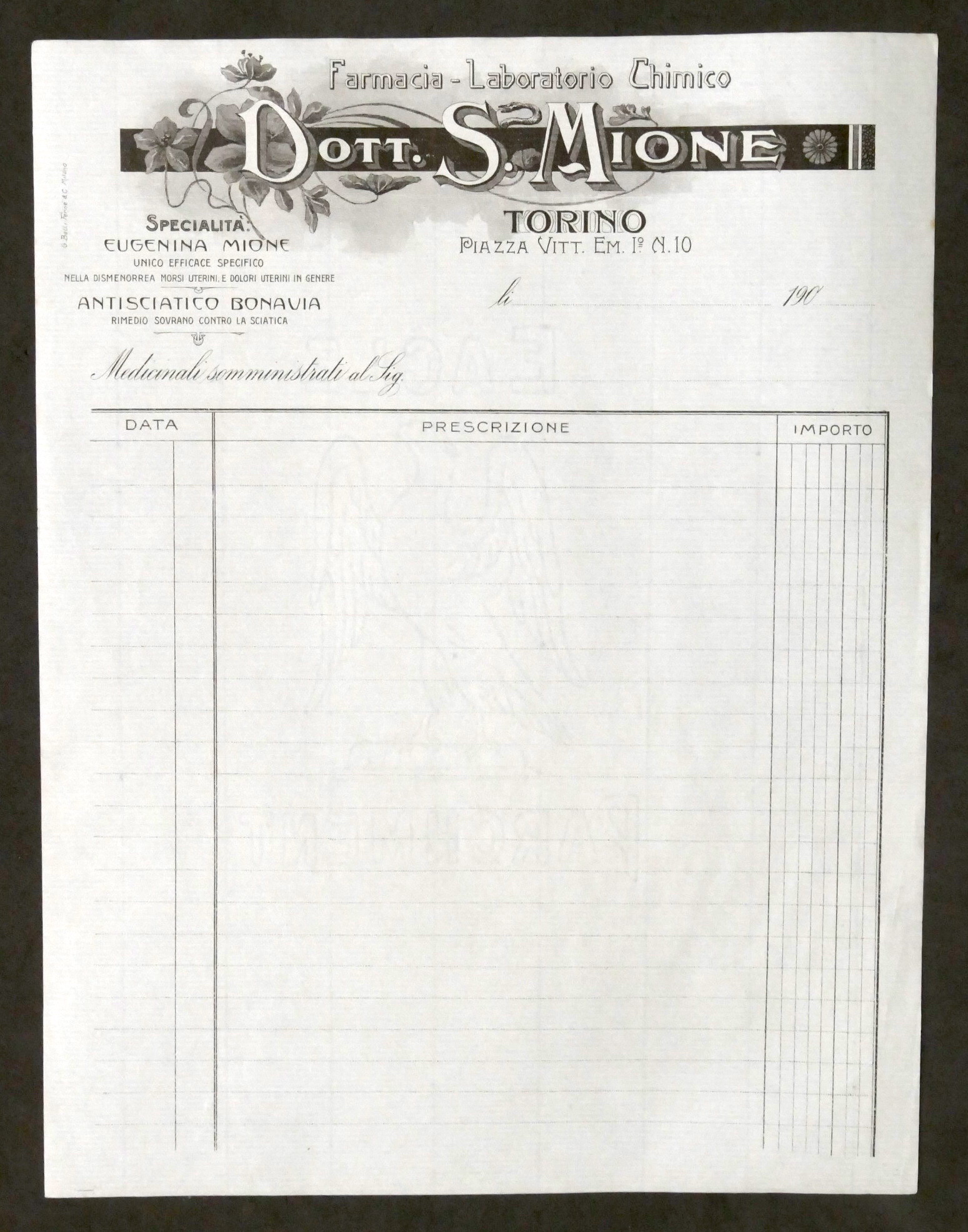 Pubblicità - Fattura Farmacia Dott. S. Mione - Torino - …